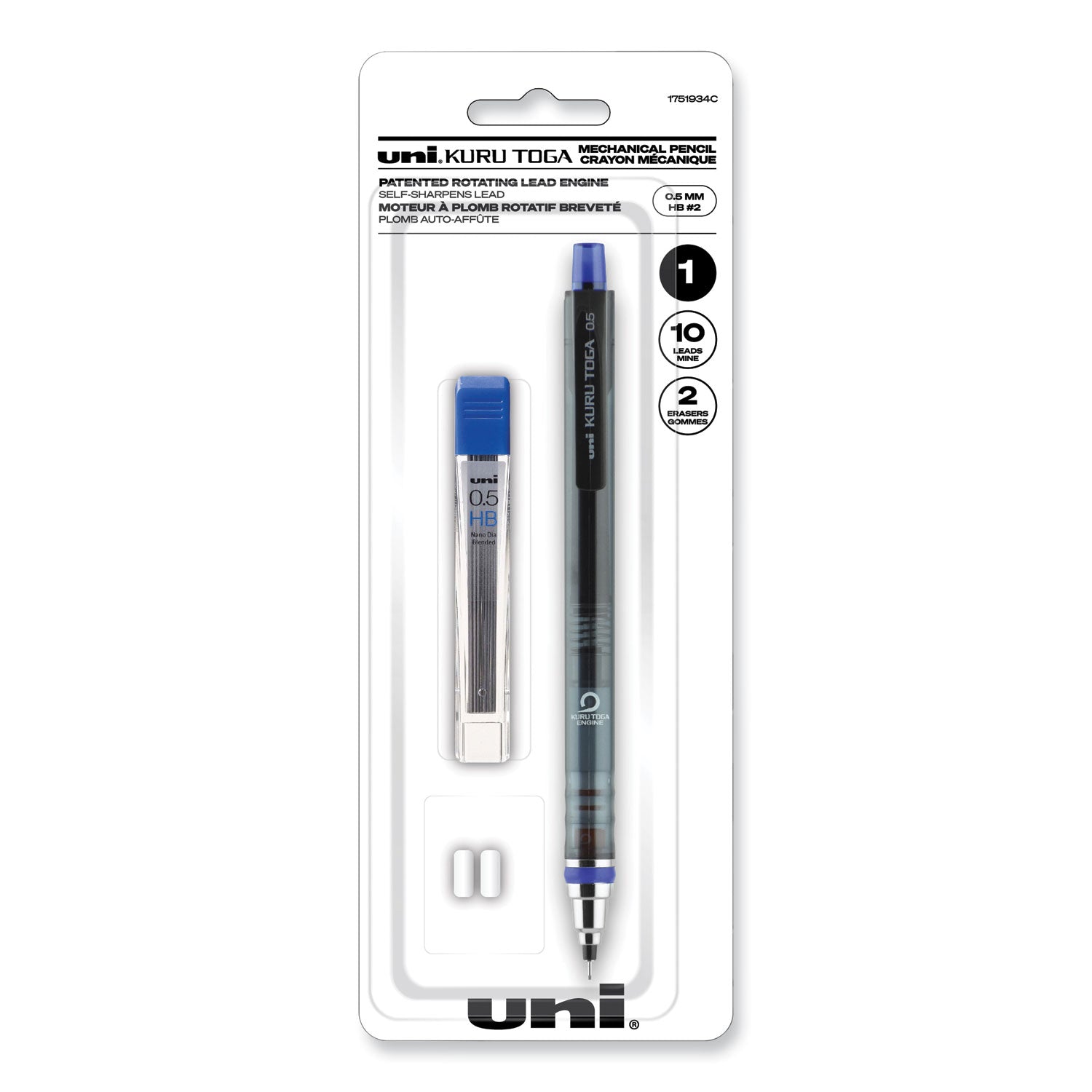 uniball® KuruToga Mechanical Pencil with Tube of Lead/Erasers, 0.5 mm, HB (#2), Black Lead, Black Barrel