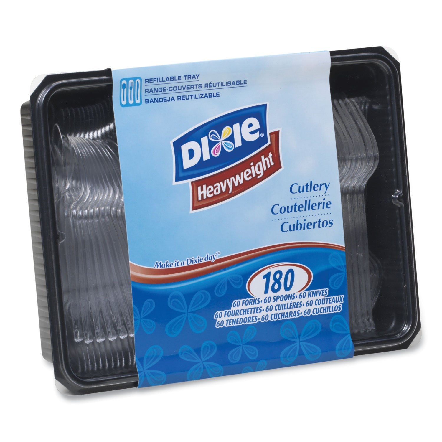Dixie® Cutlery Keeper Tray with Clear Plastic Utensils, Heavyweight, Fork/Knife/Spoon, Plastic, Crystal Clear, 180/Pack