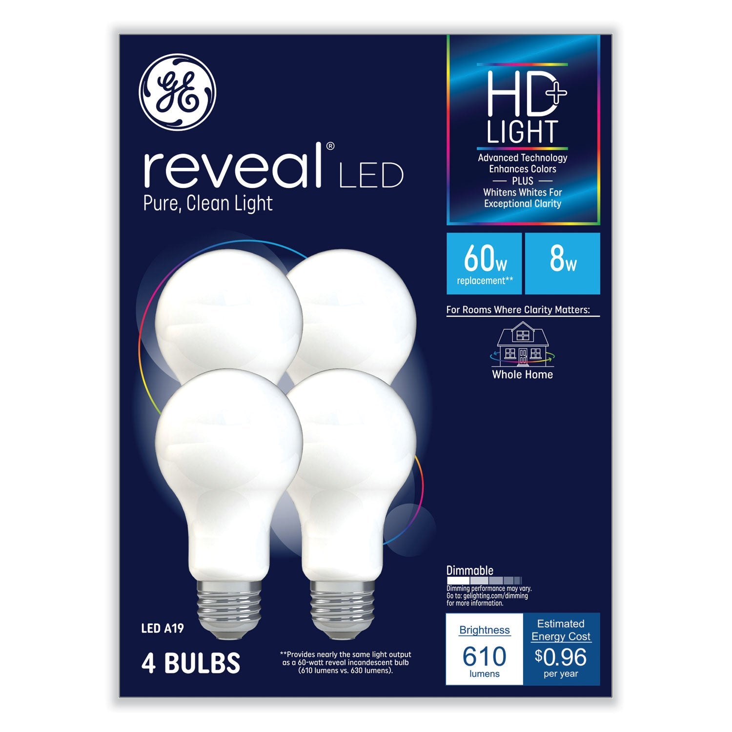 GE Reveal HD+ LED A19 Light Bulb | 8W | 4-Pack