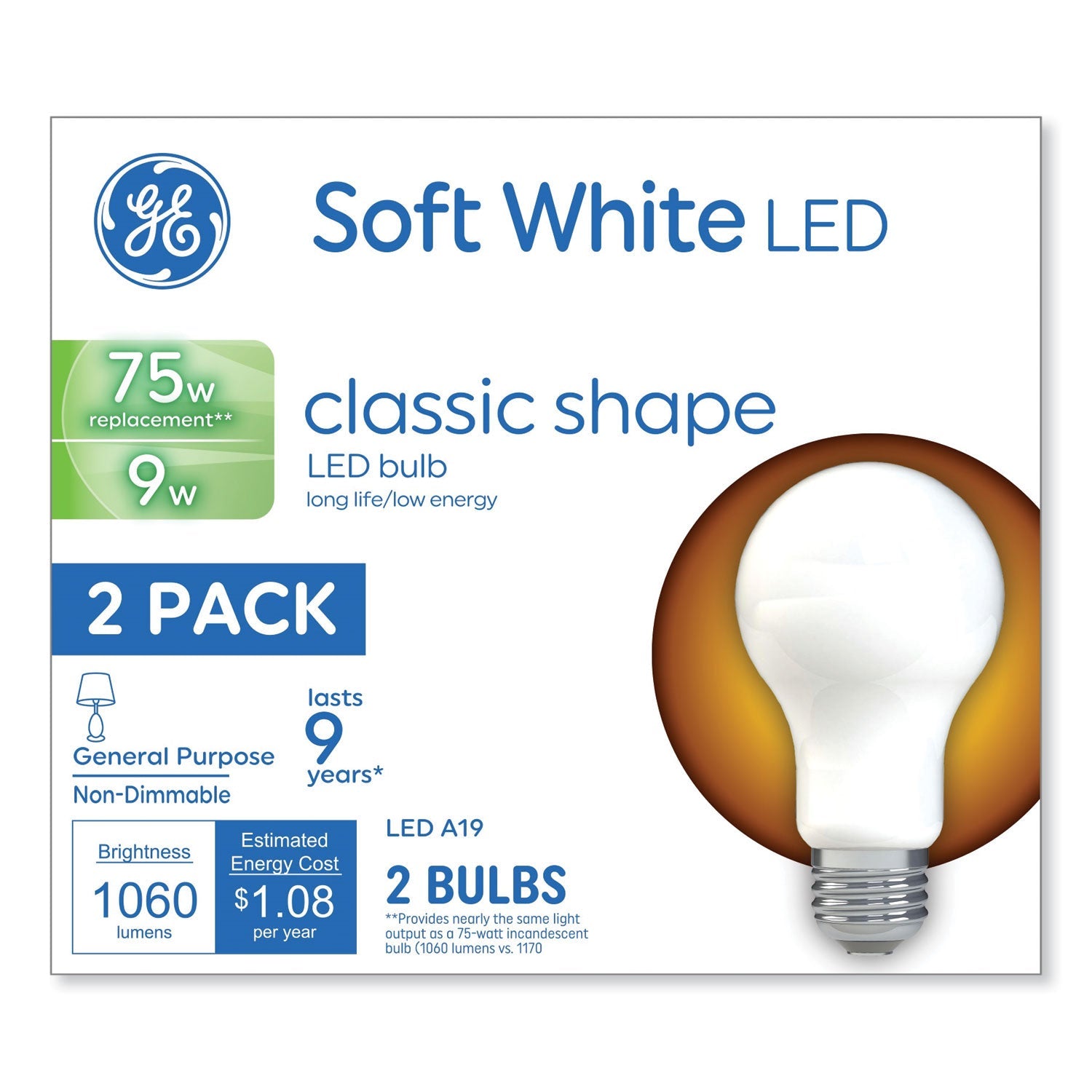 GE Classic LED A19 Light Bulb | Soft White 2-Pk