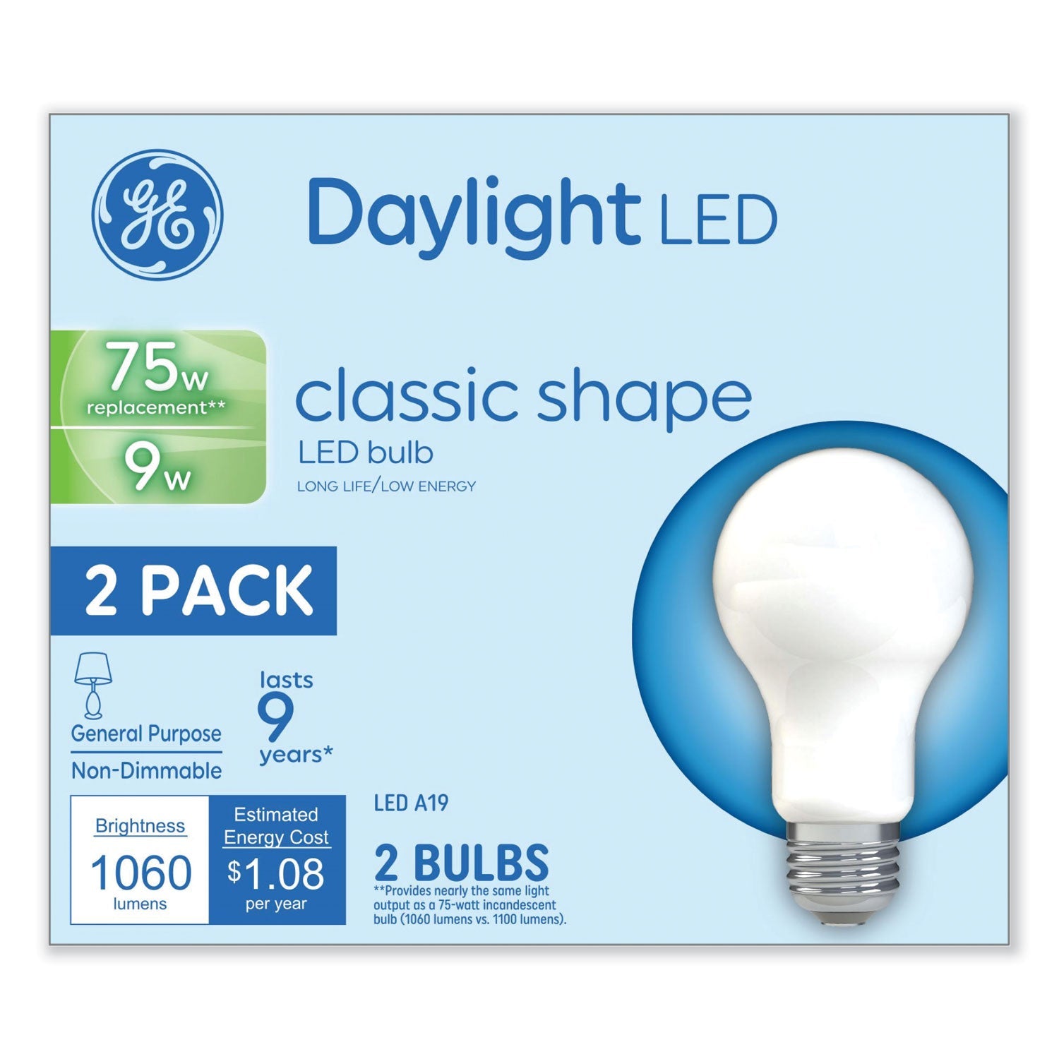 GE Classic LED A19 Light Bulb | Daylight | 2-Pack