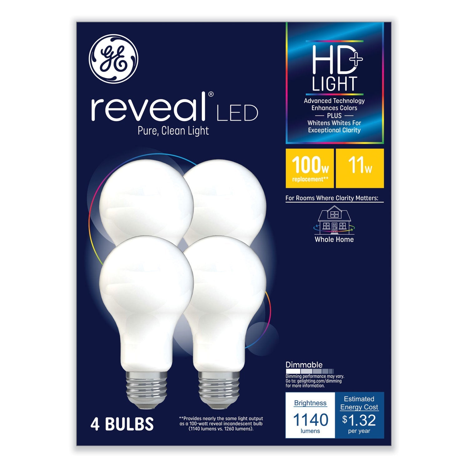 GE Reveal HD+ LED A19 Light Bulb | 11W | 4-Pack