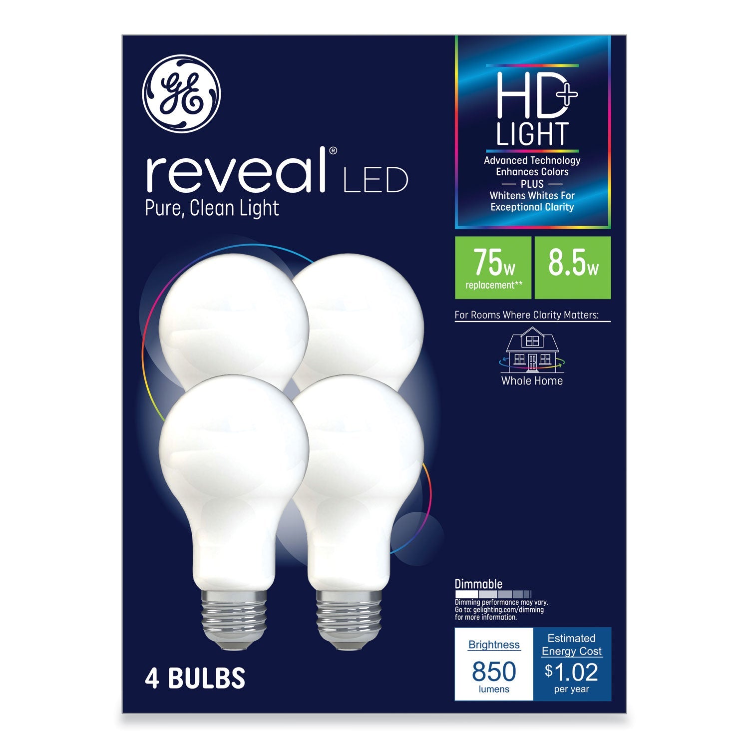 GE Reveal HD+ LED A19 Light Bulb | 8.5W | 4-Pack