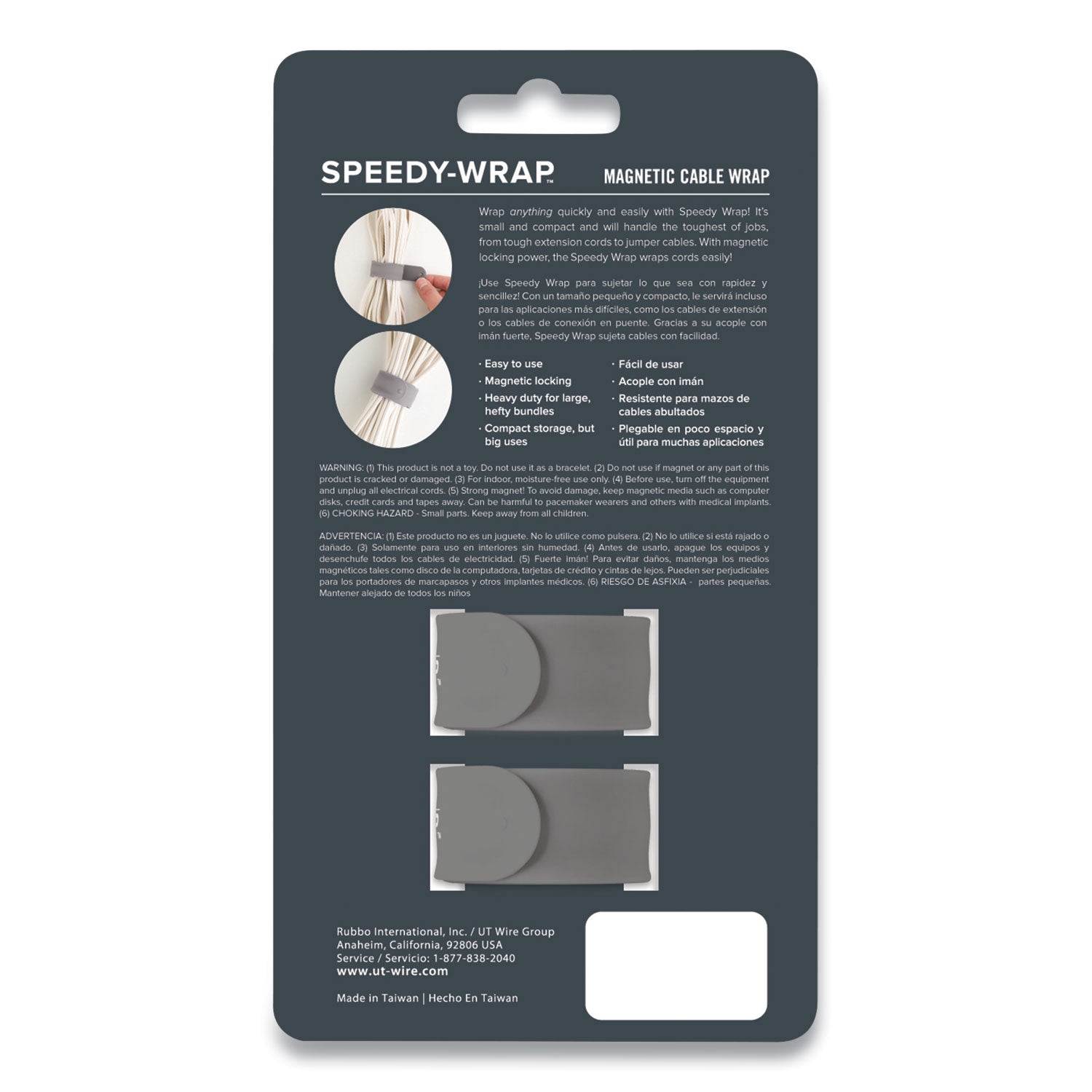 UT Wire® Speedy-Wrap Magnetic Cable Wrap, 0.82" X 10", Gray, 2/pack