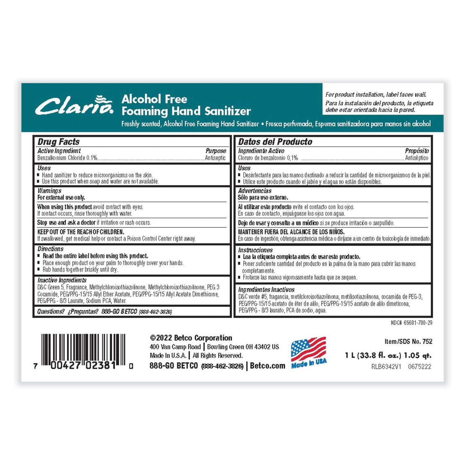 Betco® Clario Alcohol Free Foaming Hand Sanitizer, 1,000 Ml Bag, Fresh, 6/carton