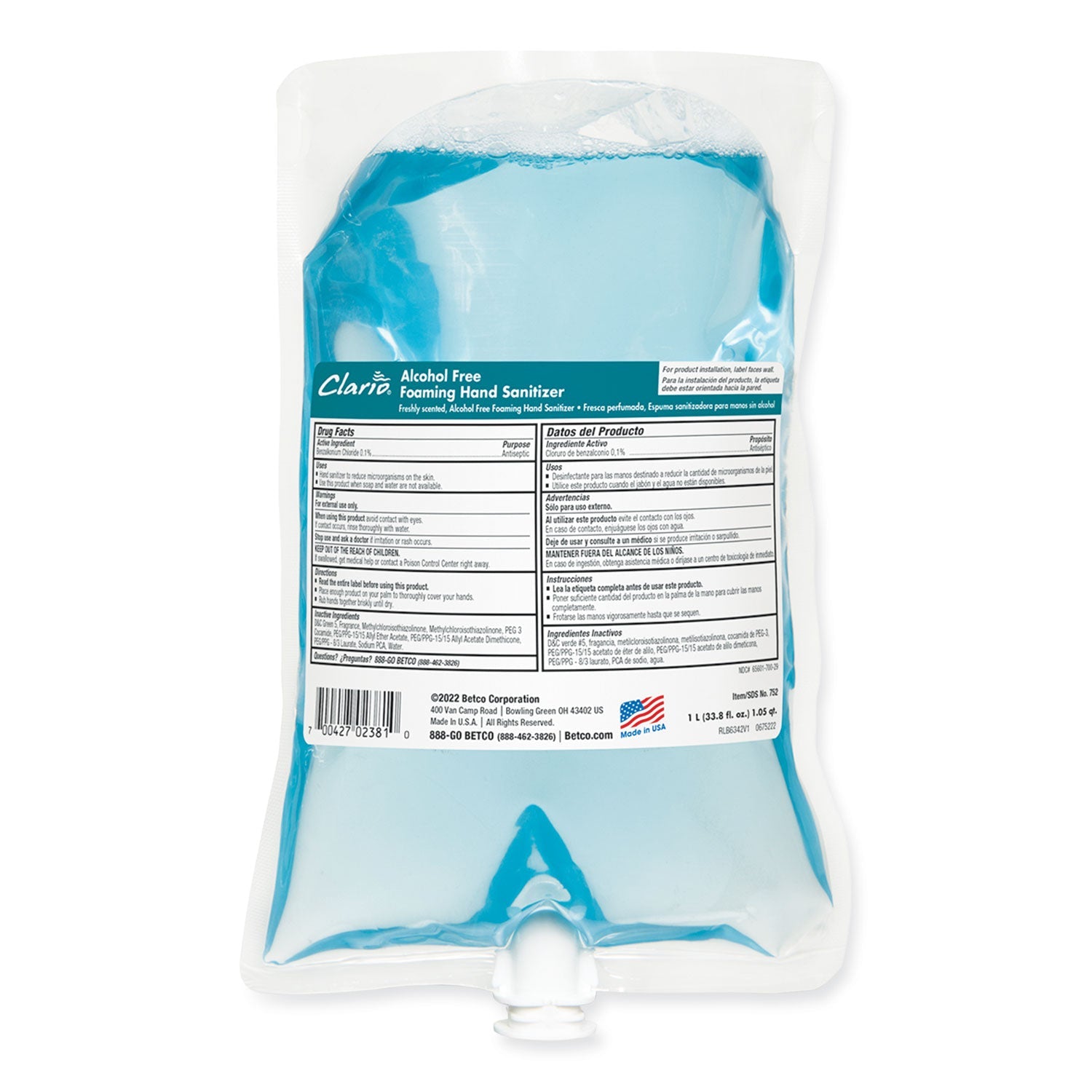 Betco® Clario Alcohol Free Foaming Hand Sanitizer, 1,000 Ml Bag, Fresh, 6/carton
