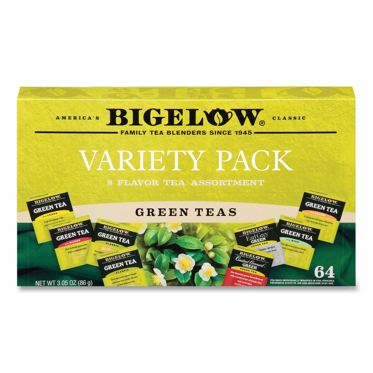Bigelow® Green Tea Assortment, Individually Wrapped, Eight Flavors, 64 Tea Bags/box