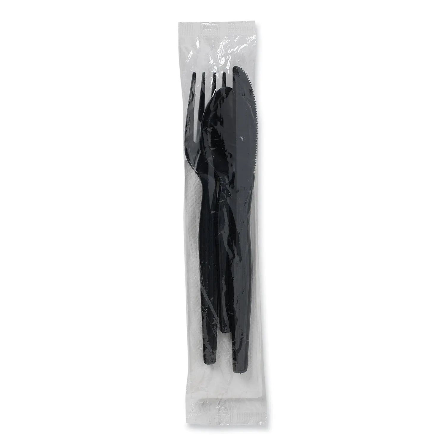 Dixie® Individually Wrapped Heavyweight Cutlery Set, Fork/Knife/Napkin/Spoon, Plastic, Black, 250/Carton