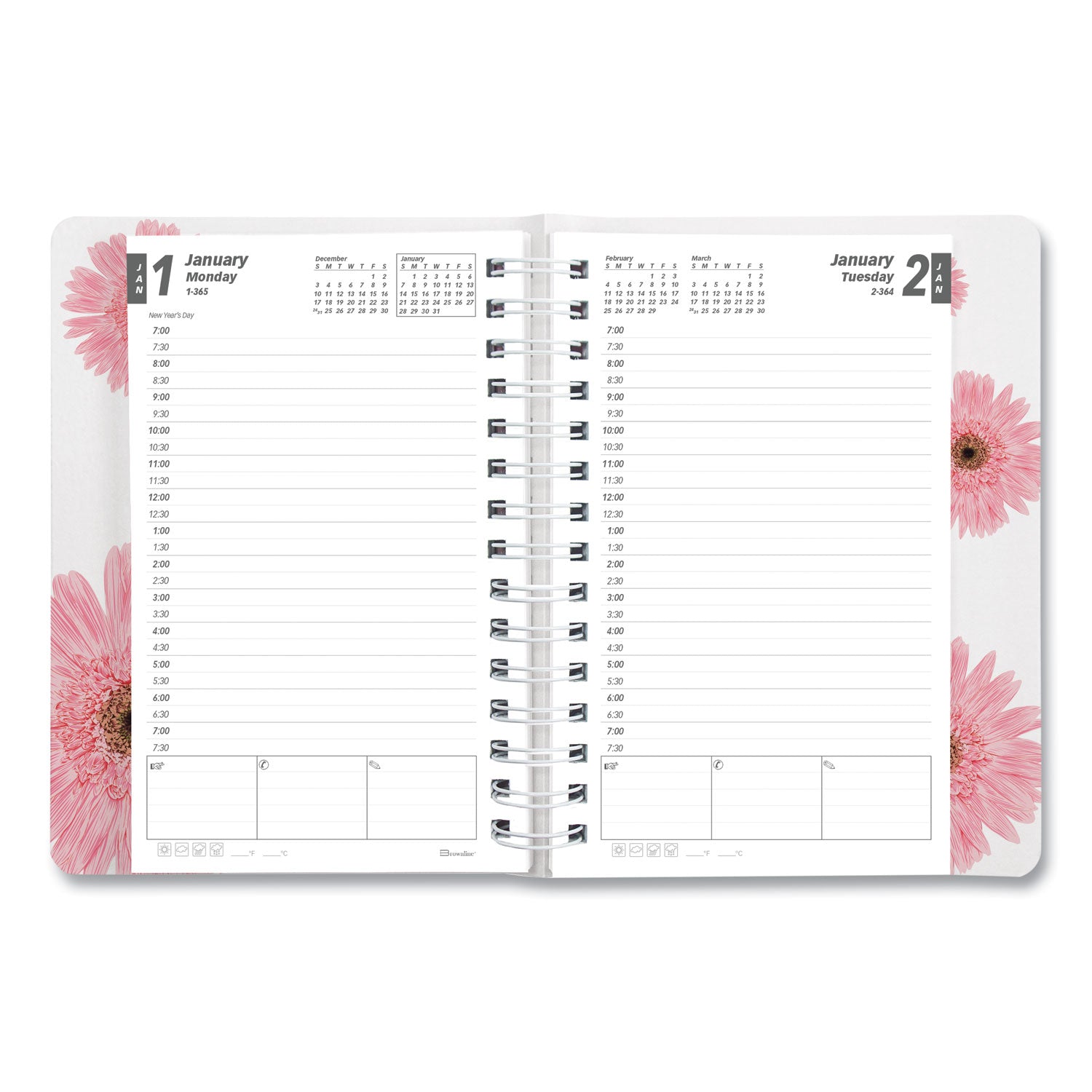 Brownline® Pink Ribbon Essential Daily Appt Book, Breast Cancer, Daisy Artwork, 8 x 5, Navy/Gray/Pink Cover, 12-Month (Jan to Dec): 2025 - Bloom Skins