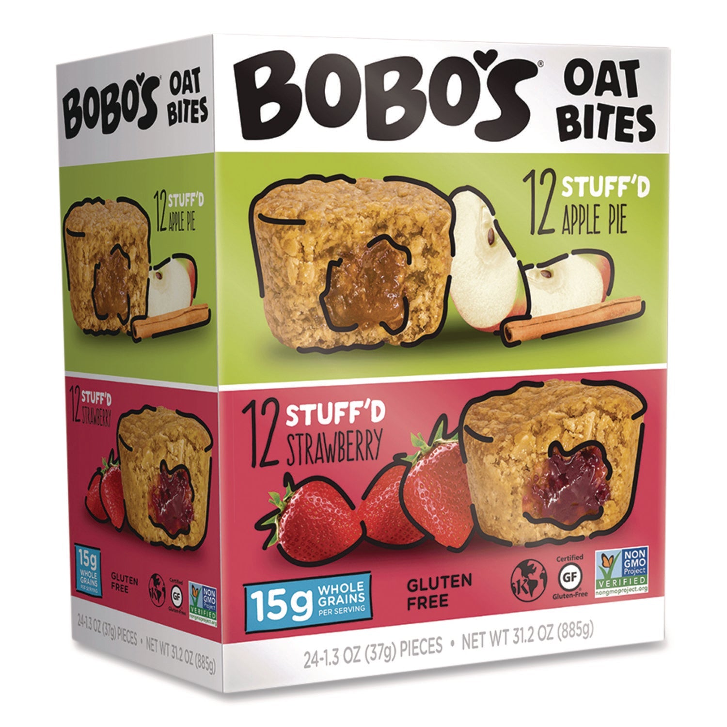 Bobo's Stuff'D Apple Pie/Strawberry Oat Bites, 1.3 oz Individually Wrapped, 24/Carton - Bloom Skins