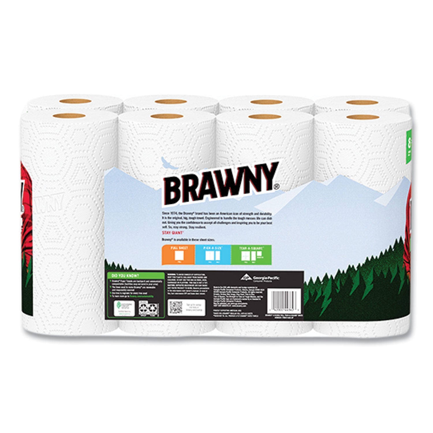 Brawny® Tear-A-Square Perforated Kitchen Roll Towels, Double Roll, 2-Ply, 11" x 11", White, 120 Sheets/Roll, 8 Rolls/Pack
