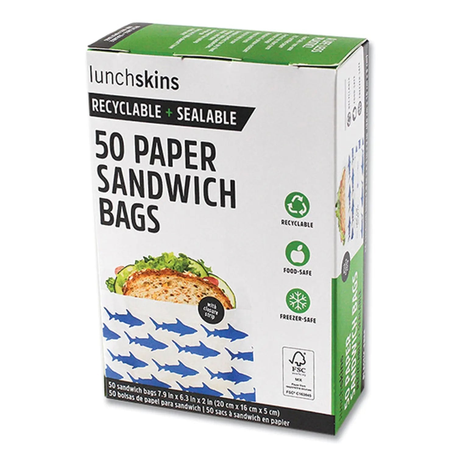 lunchskins Peel and Seal Sandwich Bag with Closure Strip, 6.3" x 2" x 7.9", Blue Sharks/White, 50/Box