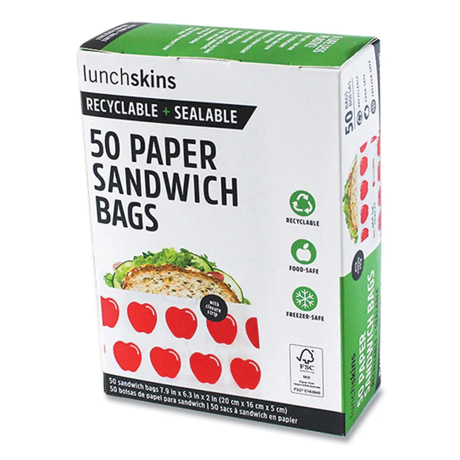 lunchskins Peel and Seal Sandwich Bag with Closure Strip, 6.3" x 2" x 7.9", Red Apples/White, 50/Box