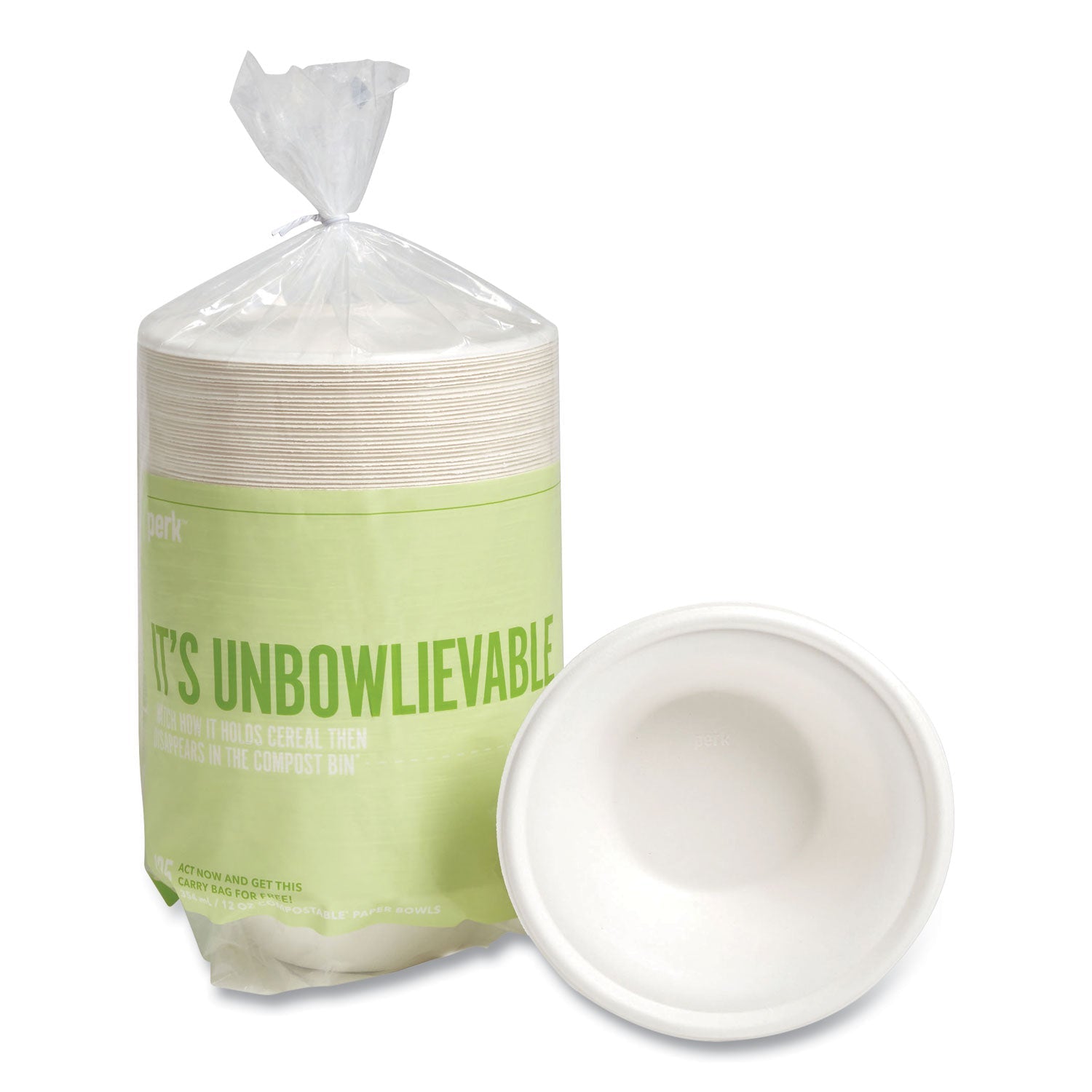 Perk™ PFAS-Free Compostable Bagasse Bowls, Sugarcane, 12 oz, White, 125/Pack