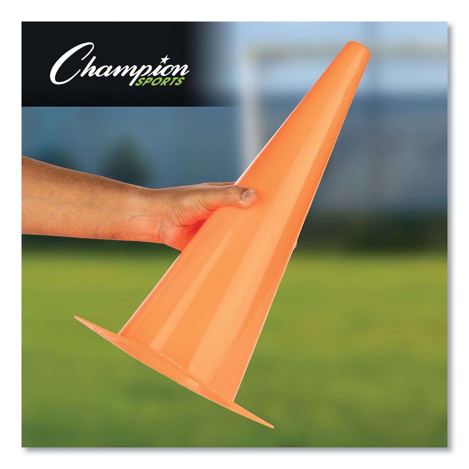 Champion Sports High-Visibility Plastic Cones, 18" Tall, Florescent Orange, 8" x 8" Base - Bloom Skins