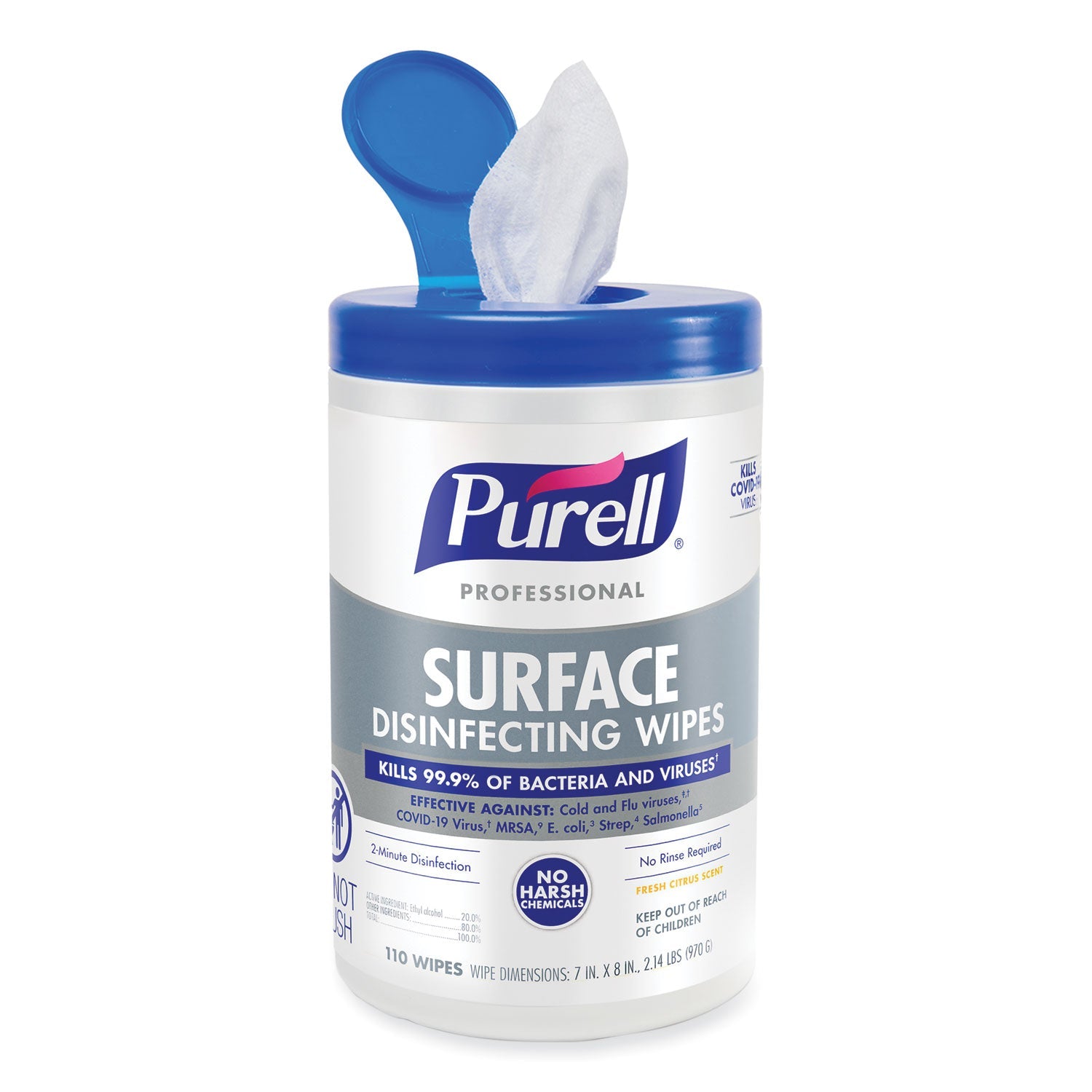 PURELL® Professional Surface Disinfecting Wipes, 1-Ply, 7 x 8, Fresh Citrus, White, 110/Canister, 6 Canisters/Carton