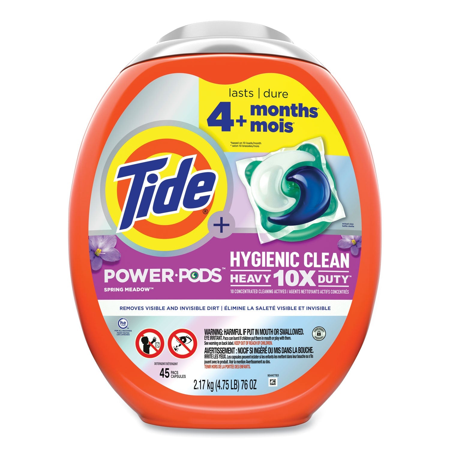 Tide® Hygienic Clean Heavy 10x Duty Power Pods, Fresh Meadow Scent, 76 oz Tub, 45 Pods, 4/Carton