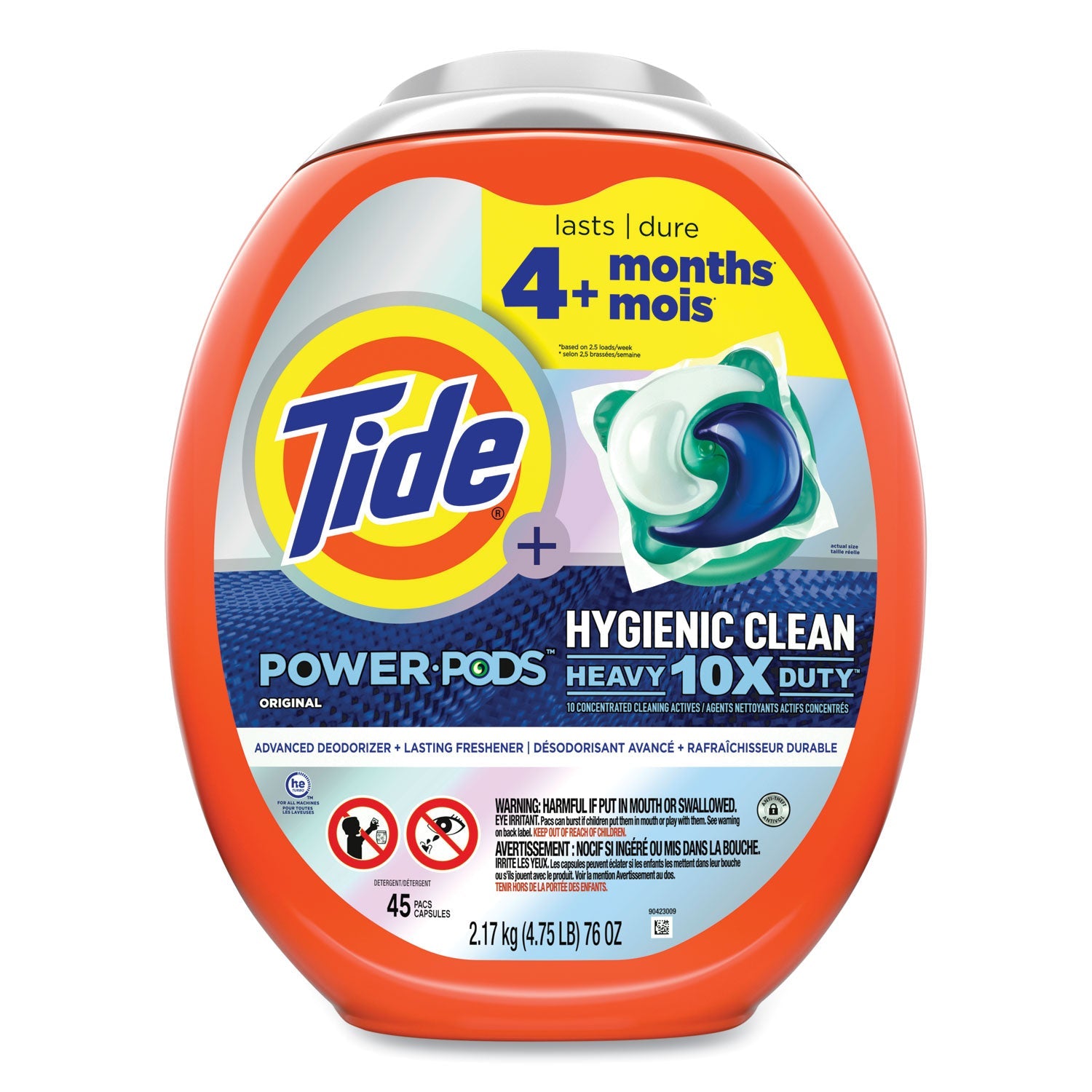 Tide® Hygienic Clean Heavy 10x Duty Power Pods, Original Scent, 76 oz Tub, 45 Pods, 4/Carton