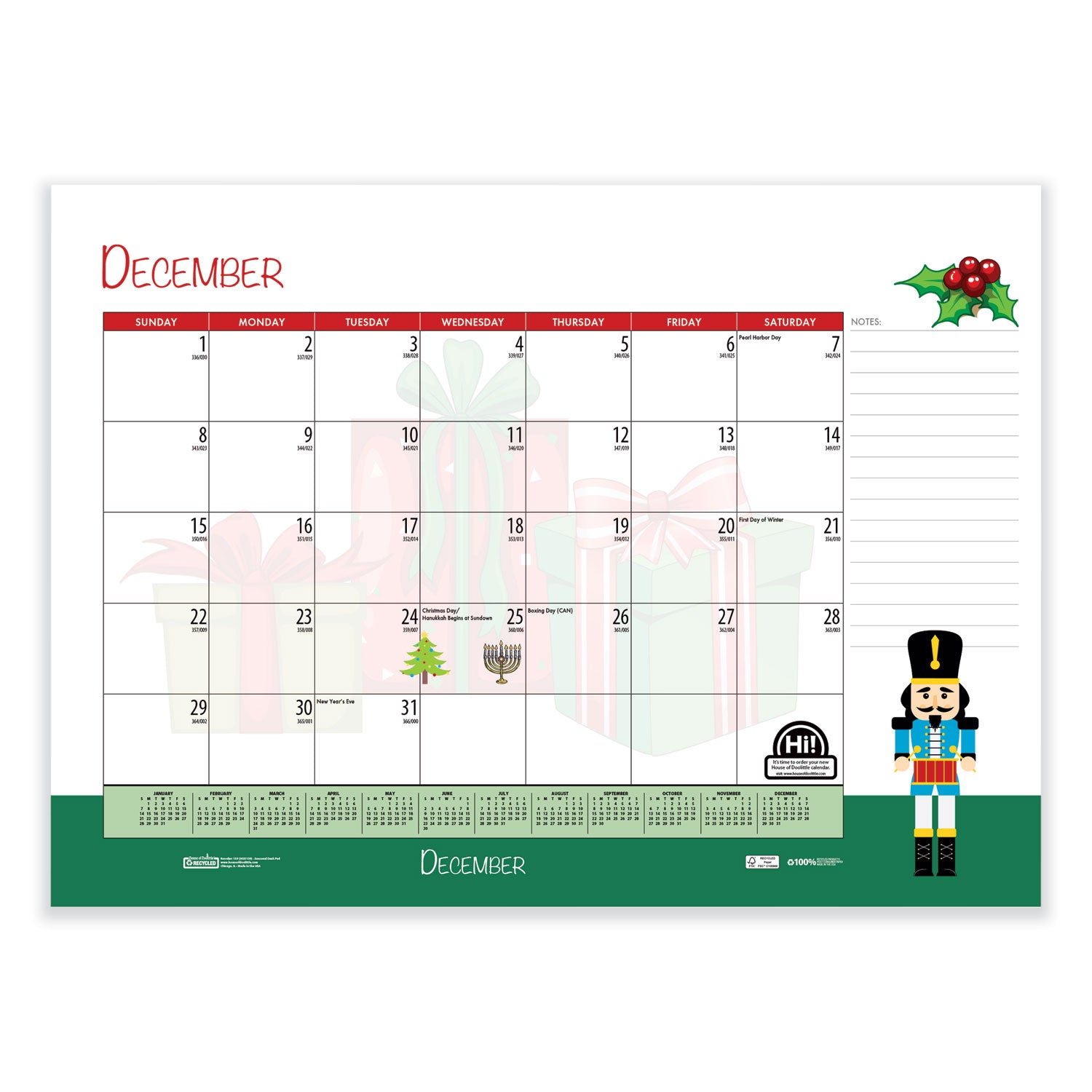 House of Doolittle™ Recycled Desk Pad Calendar, Illustrated Seasons Artwork, 22 x 17, Black Binding/Corners,12-Month (Jan to Dec): 2025