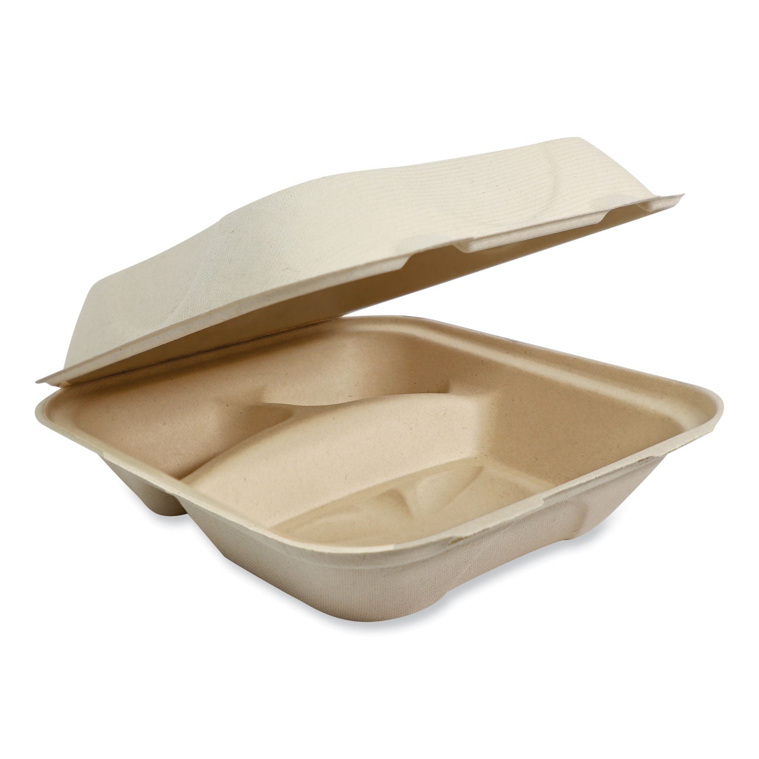 World Centric® Fiber Hinged Containers, 3 Compartments, 8.8 x 8.2 x 2.9, Natural, Paper, 300/Carton