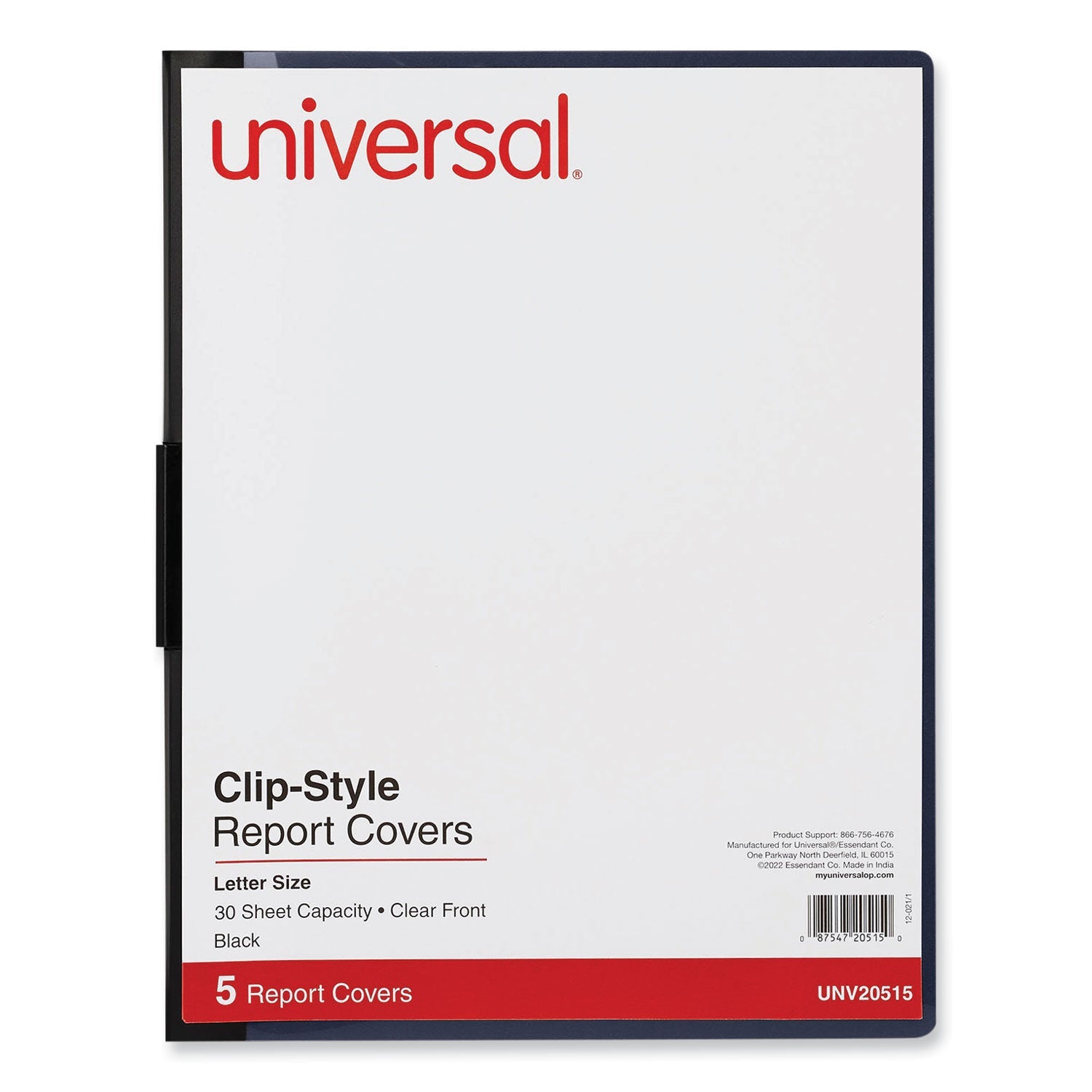 Universal® Clip-Style Report Cover, Clip Fastener, 8.5 X 11, Clear/black, 5/pack