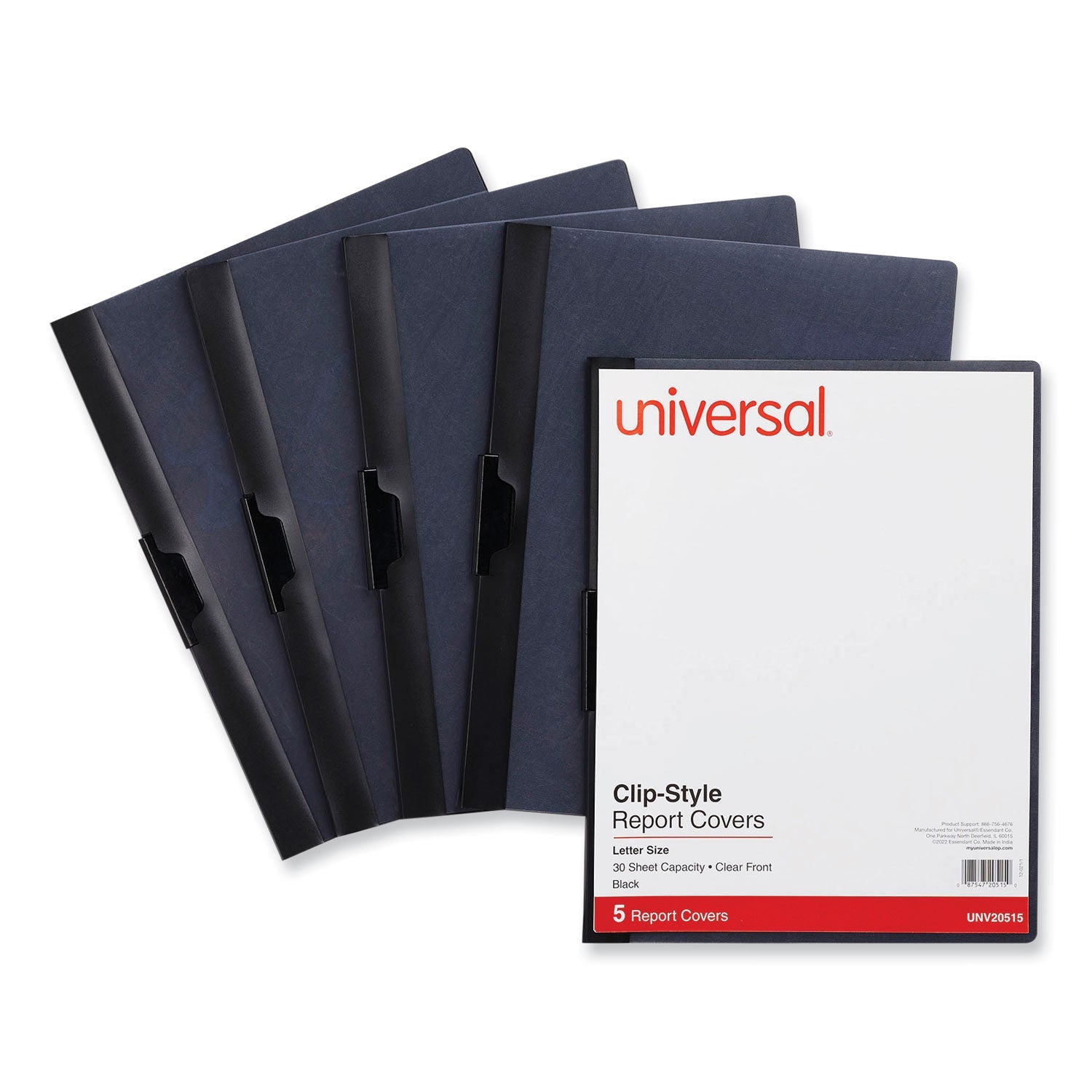 Universal® Clip-Style Report Cover, Clip Fastener, 8.5 X 11, Clear/black, 5/pack