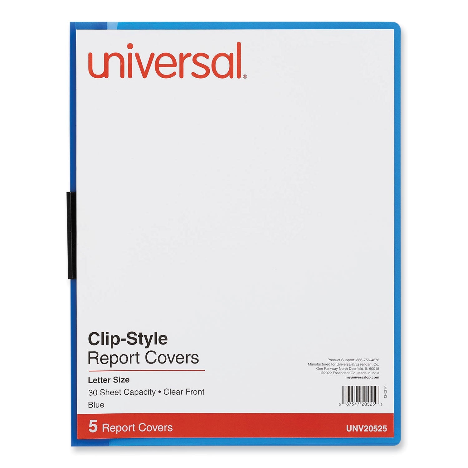 Universal® Clip-Style Report Cover, Clip Fastener, 8.5 X 11, Clear/blue, 5/pack