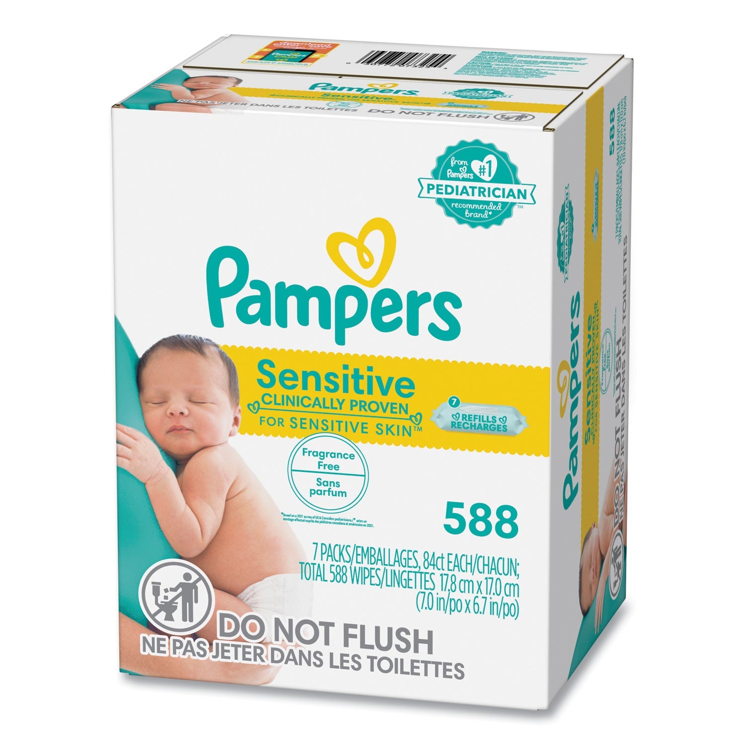 Pampers® Sensitive Baby Wipes, 1-Ply, 6.7 x 7, Unscented, White, 84/Pack, 7/Carton