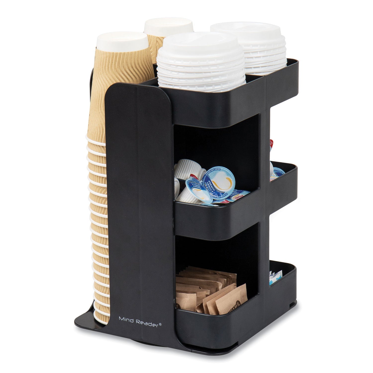 Mind Reader Anchor Collection 8-Compartment Coffee Cup, Lid, and Condiment Carousel Countertop Organizer, 8 x 8 x 12, Black - Bloom Skins