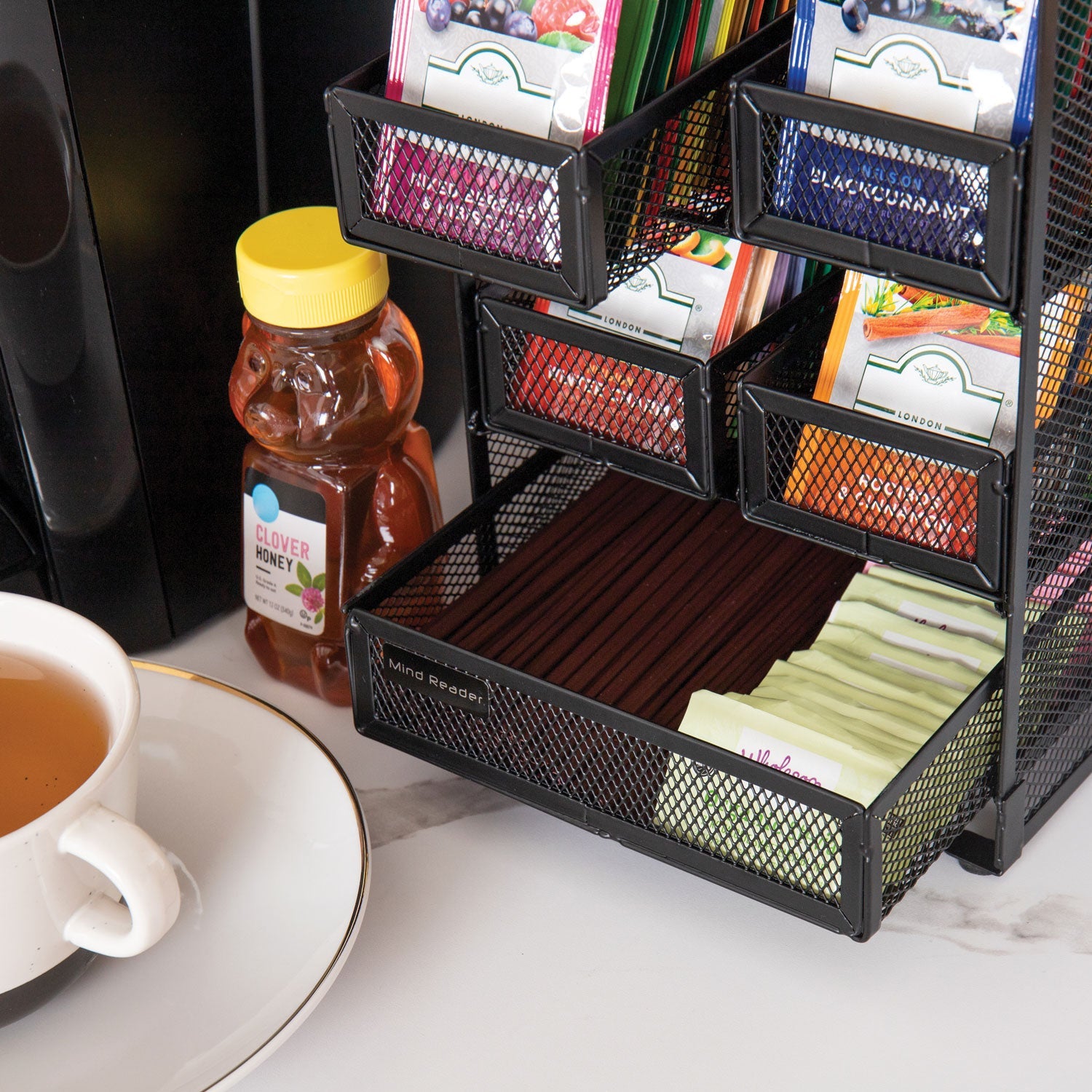 Mind Reader Network Collection 5-Compartment Tea Countertop Organizer, 6.75 x 7 x 10, Black - Bloom Skins