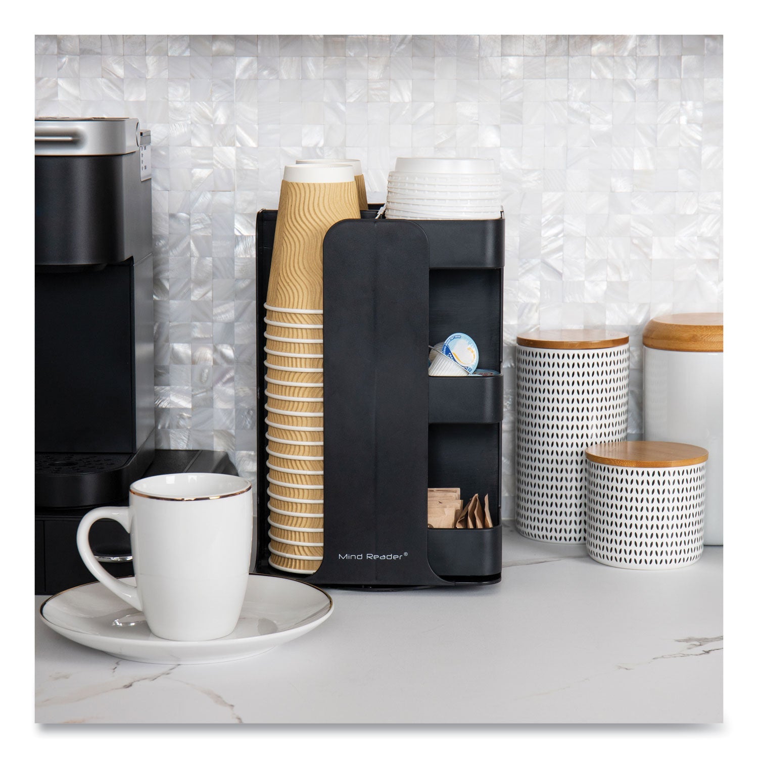 Mind Reader Anchor Collection 8-Compartment Coffee Cup, Lid, and Condiment Carousel Countertop Organizer, 8 x 8 x 12, Black - Bloom Skins