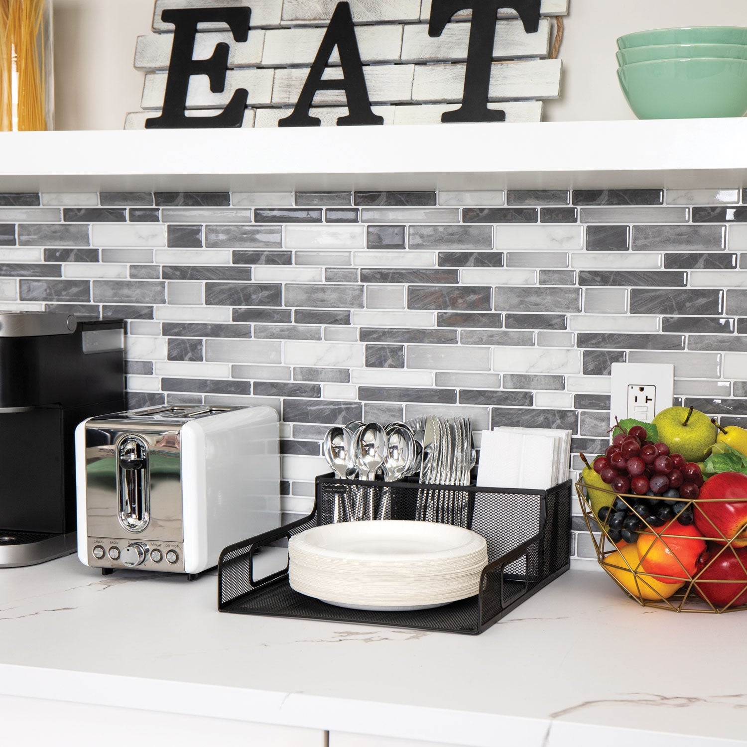 Mind Reader Network Collection Utensil, Napkin and Plate Countertop Organizer, 11.5 x 14.75 x 5.5, Metal, Black - Bloom Skins