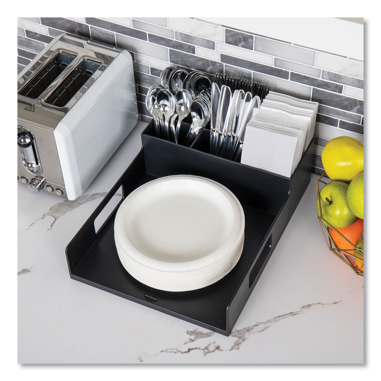 Mind Reader Network Collection Utensil, Napkin and Plate Countertop Organizer, 15.2 x 11.5 x 4.45, Plastic, Black - Bloom Skins