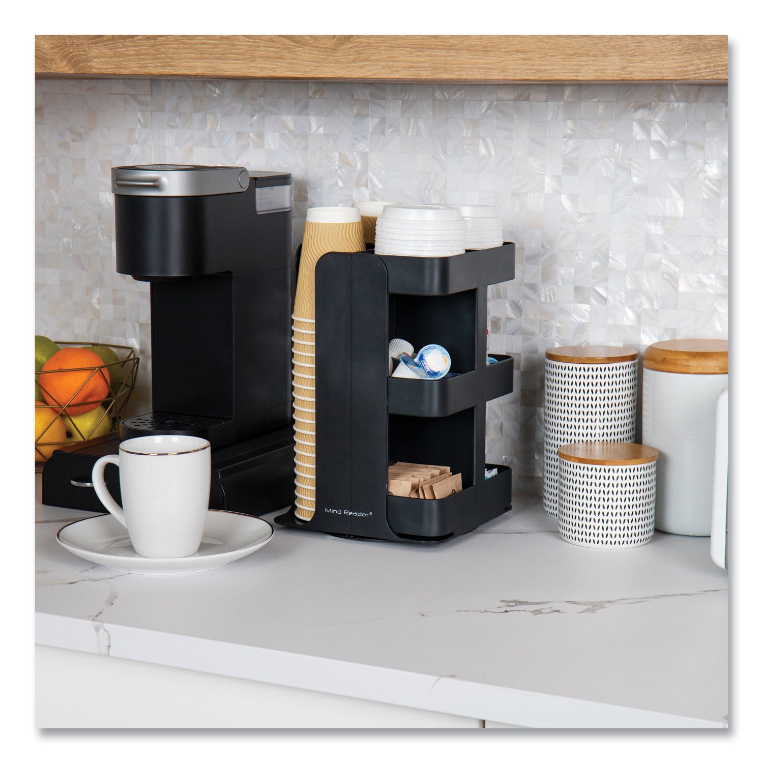 Mind Reader Anchor Collection 8-Compartment Coffee Cup, Lid, and Condiment Carousel Countertop Organizer, 8 x 8 x 12, Black - Bloom Skins