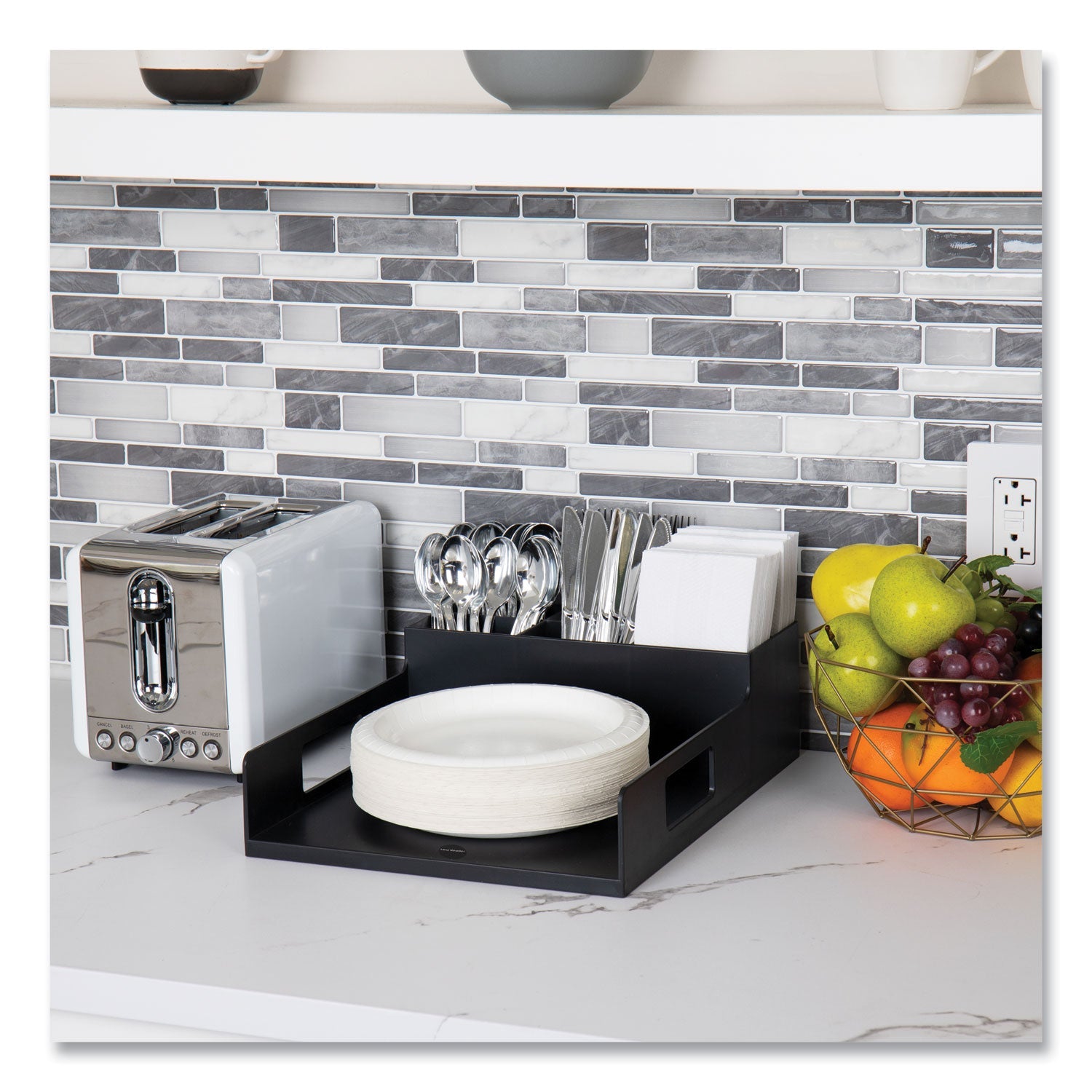 Mind Reader Network Collection Utensil, Napkin and Plate Countertop Organizer, 15.2 x 11.5 x 4.45, Plastic, Black - Bloom Skins