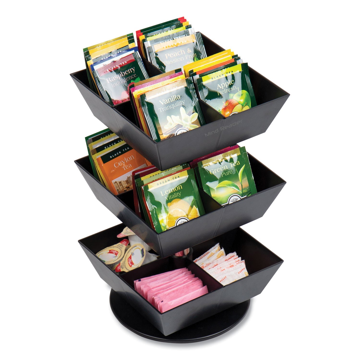 Mind Reader Anchor Collection 3-Tier 12-Compartment Tea and Condiment Carousel Countertop Organizer, 6.75 x 6.75 x 11.5, Black - Bloom Skins