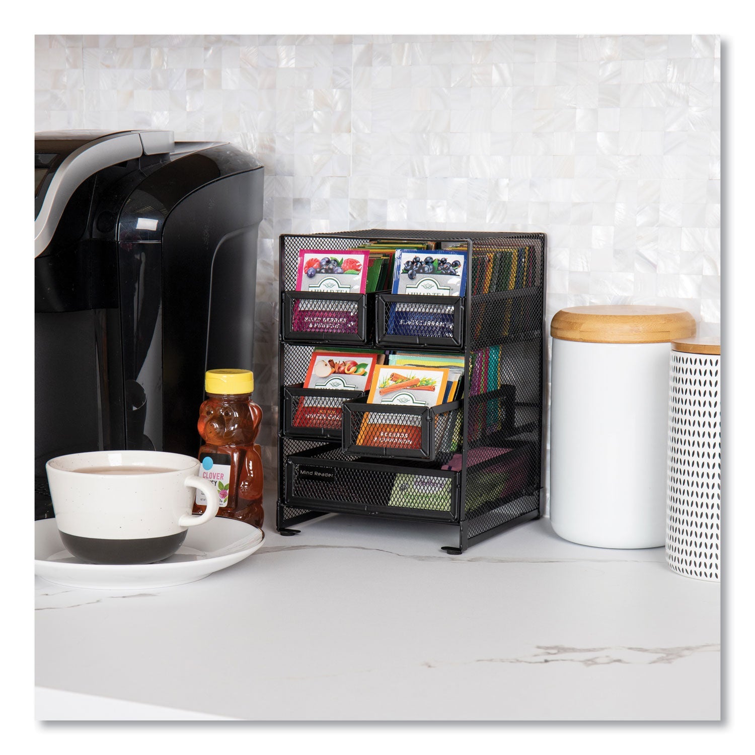 Mind Reader Network Collection 5-Compartment Tea Countertop Organizer, 6.75 x 7 x 10, Black - Bloom Skins