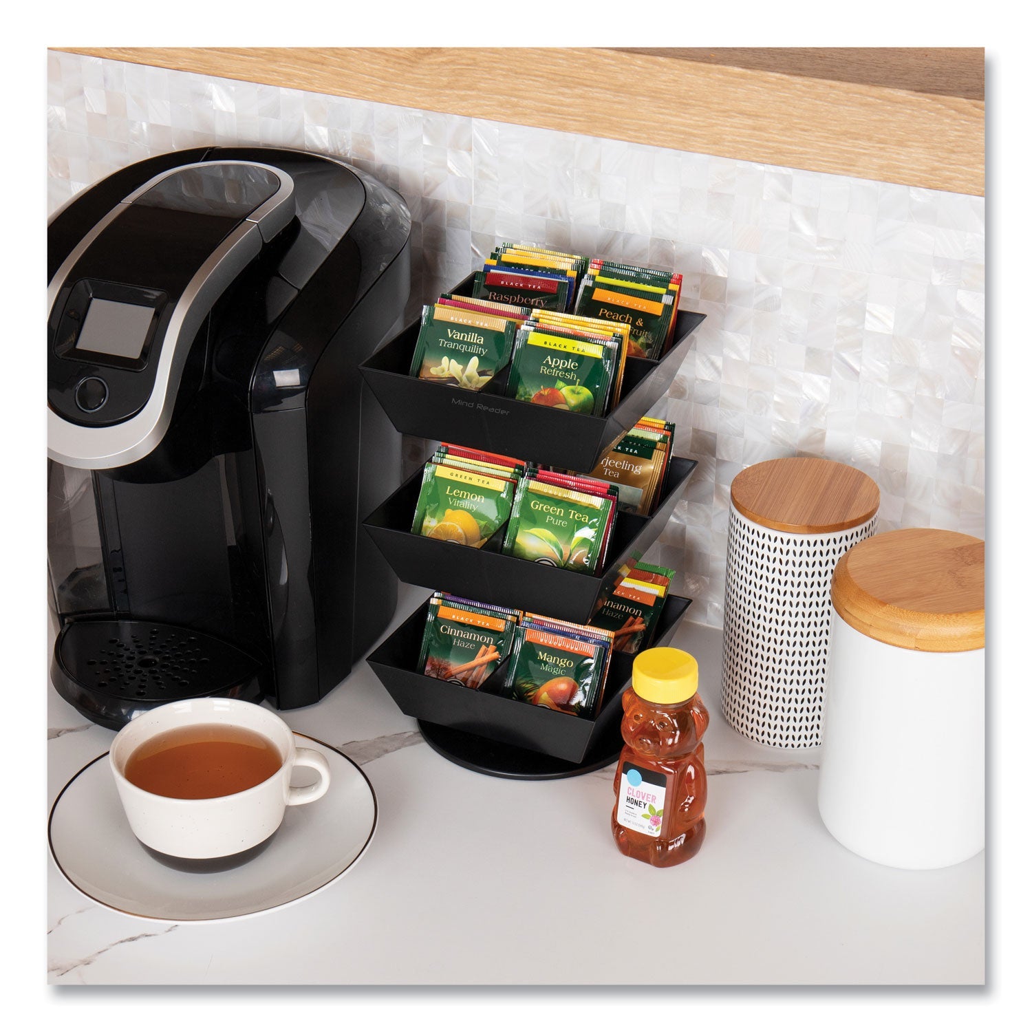 Mind Reader Anchor Collection 3-Tier 12-Compartment Tea and Condiment Carousel Countertop Organizer, 6.75 x 6.75 x 11.5, Black - Bloom Skins