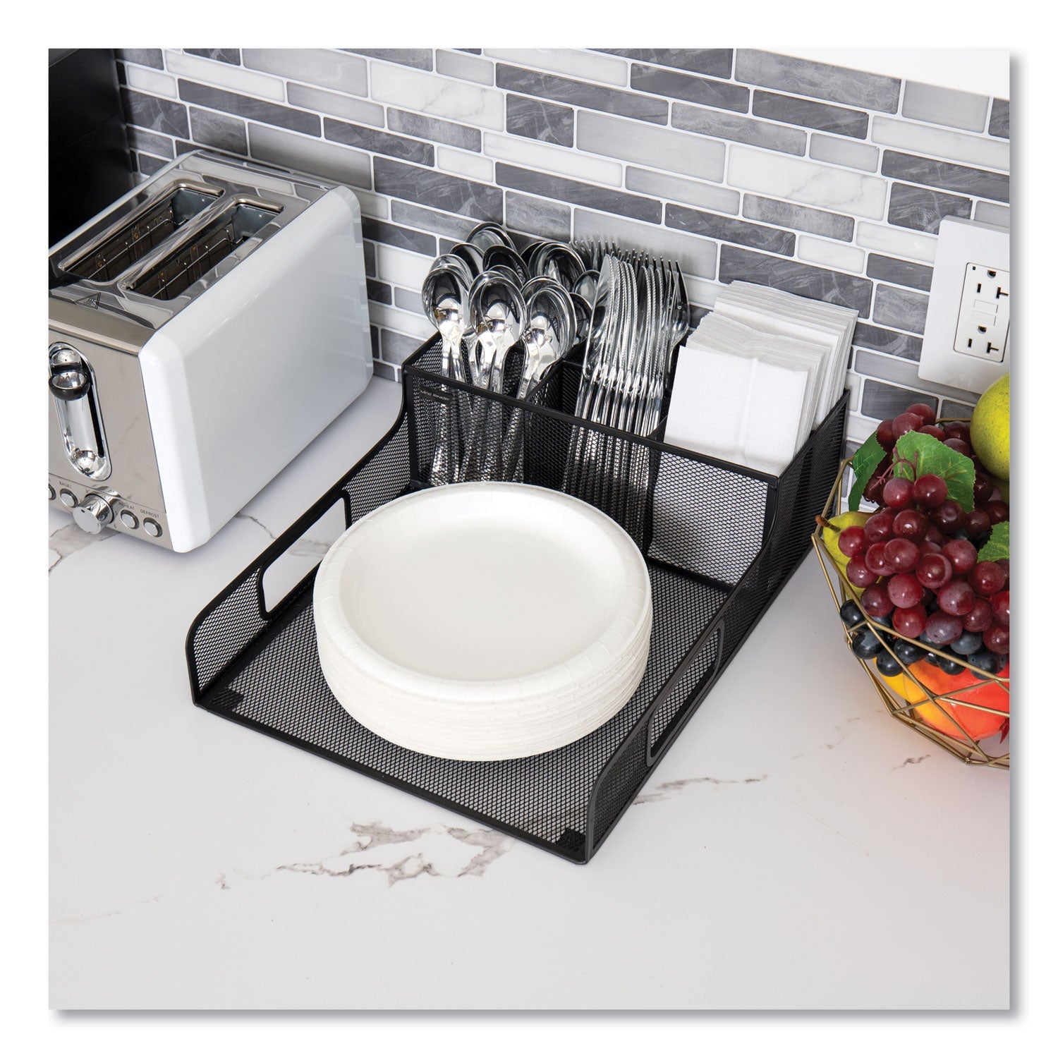 Mind Reader Network Collection Utensil, Napkin and Plate Countertop Organizer, 11.5 x 14.75 x 5.5, Metal, Black - Bloom Skins