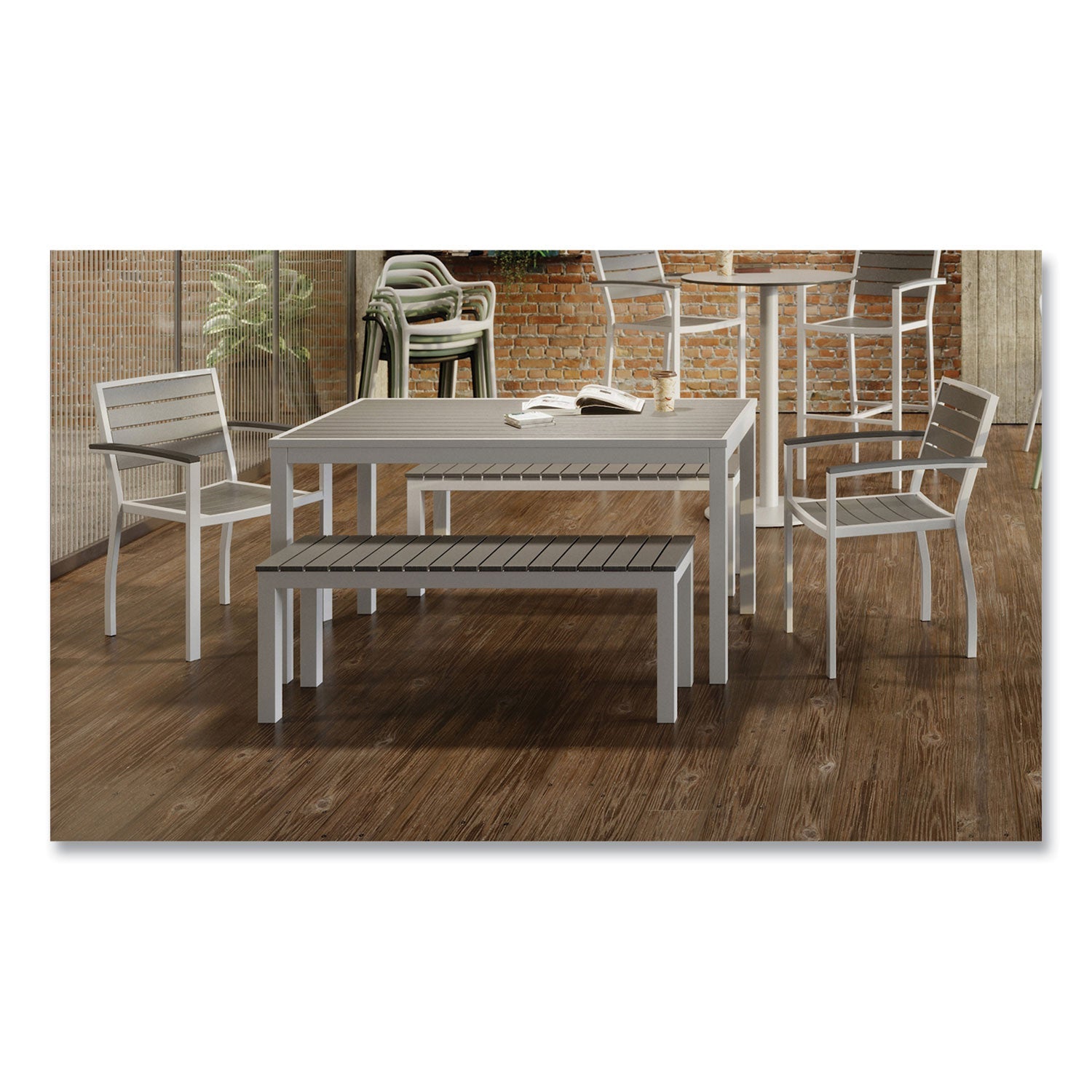KFI Studios Eveleen Outdoor Dining Table Set, 55" x 35" x 29" Rectangular Table, 2 Benches, 2 Armchairs, Gray/White - Bloom Skins