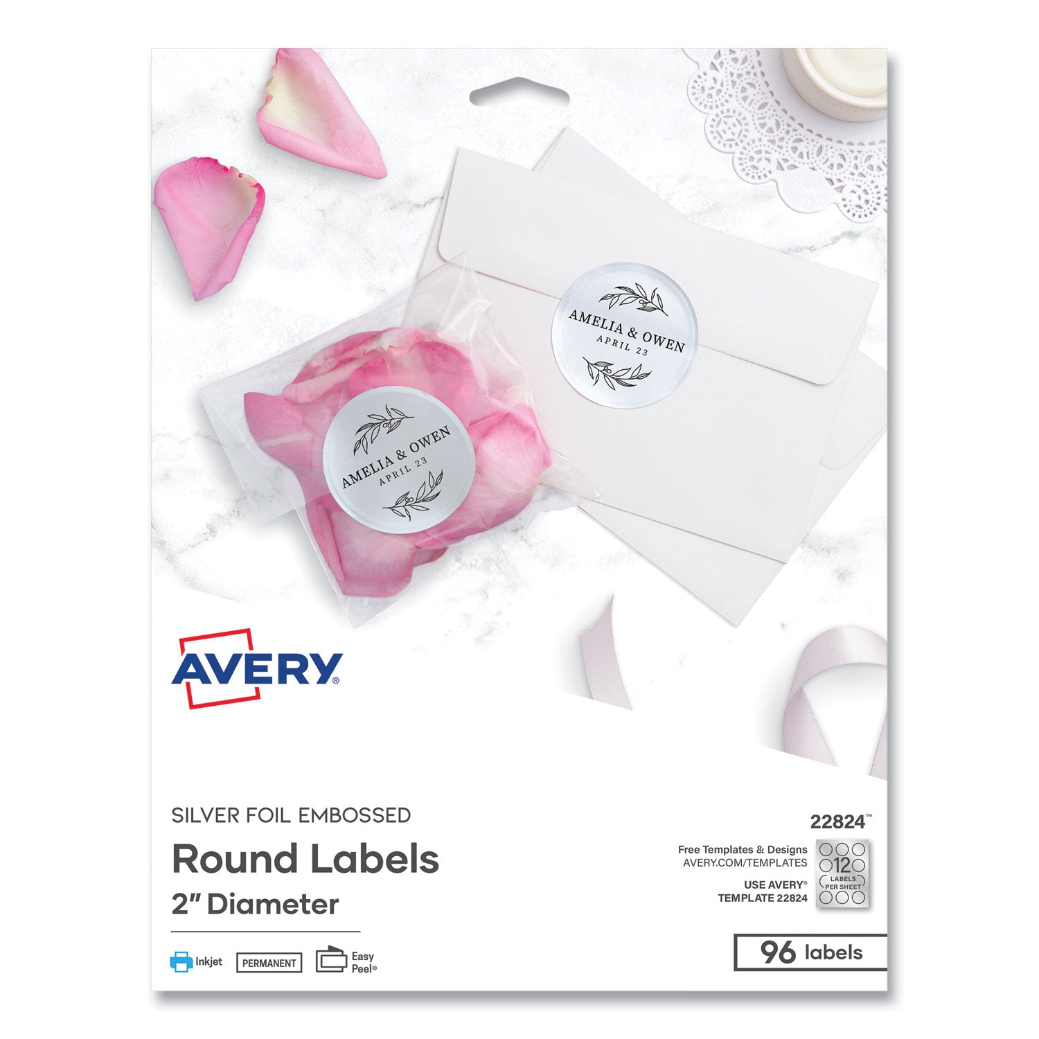 Avery® Round Labels, Inkjet Printers, 2" dia, Silver, 12/Sheet, 8 Sheets/Pack