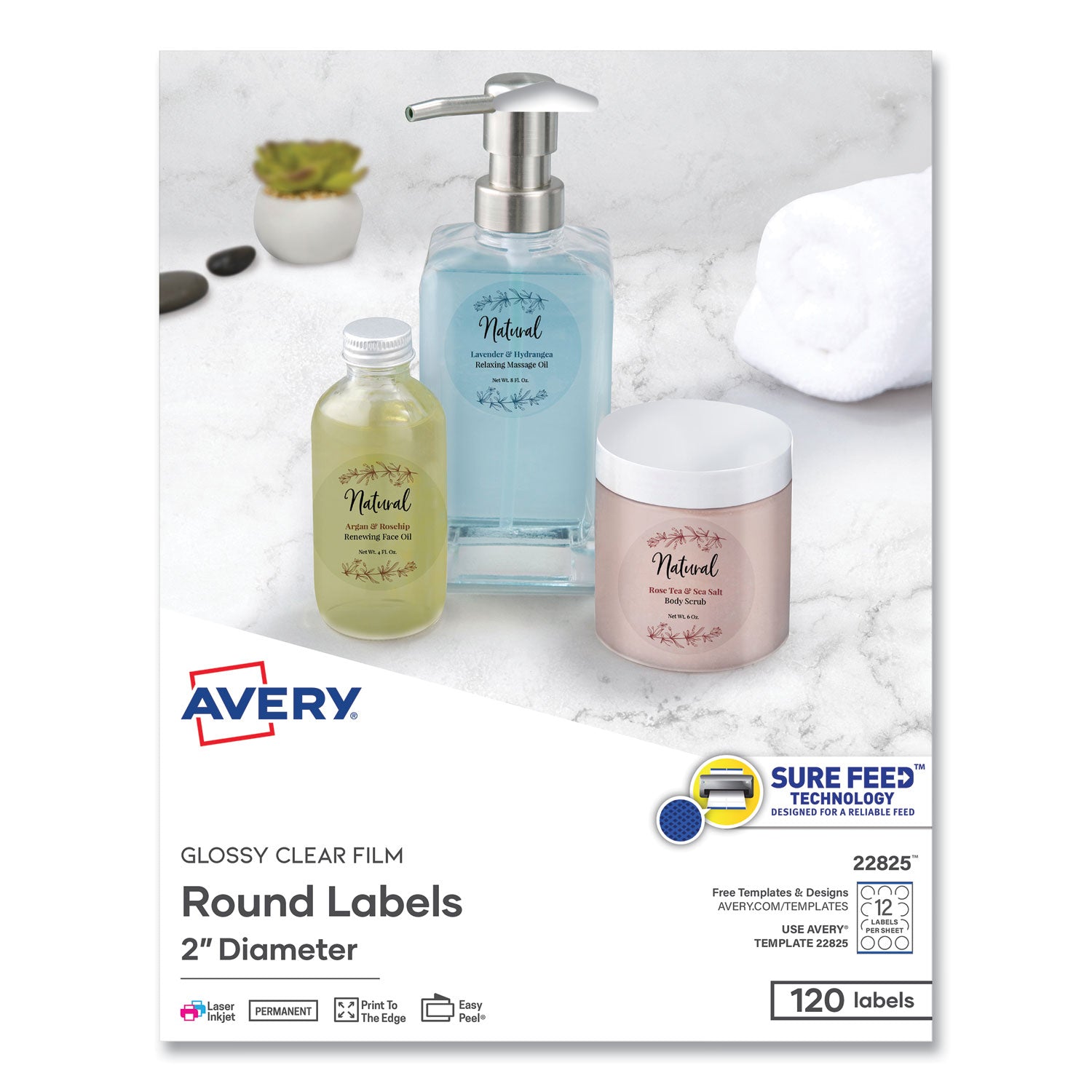Avery® Round Print-To-The Edge Labels With Sure Feed And Easy Peel, 2" Dia, Glossy Clear, 120/pk