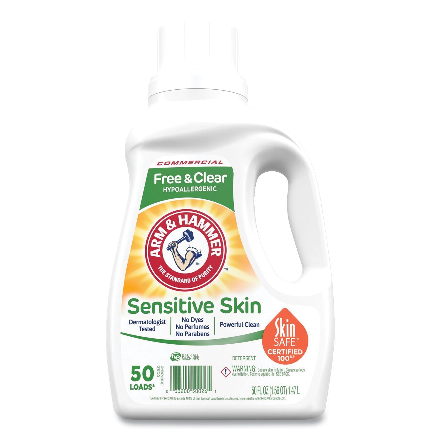Arm & Hammer™ HE Compatible Liquid Detergent, Unscented, 50 Loads, 50 oz Bottle, 8/Carton