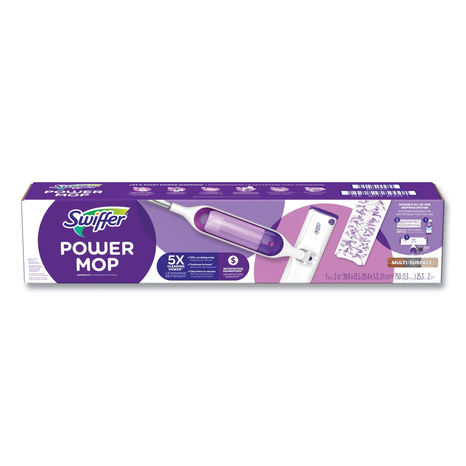 Swiffer® PowerMop Starter Kit, 15.4 x 5.3 White/Purple Cloth Head, 26" Silver Aluminum Handle