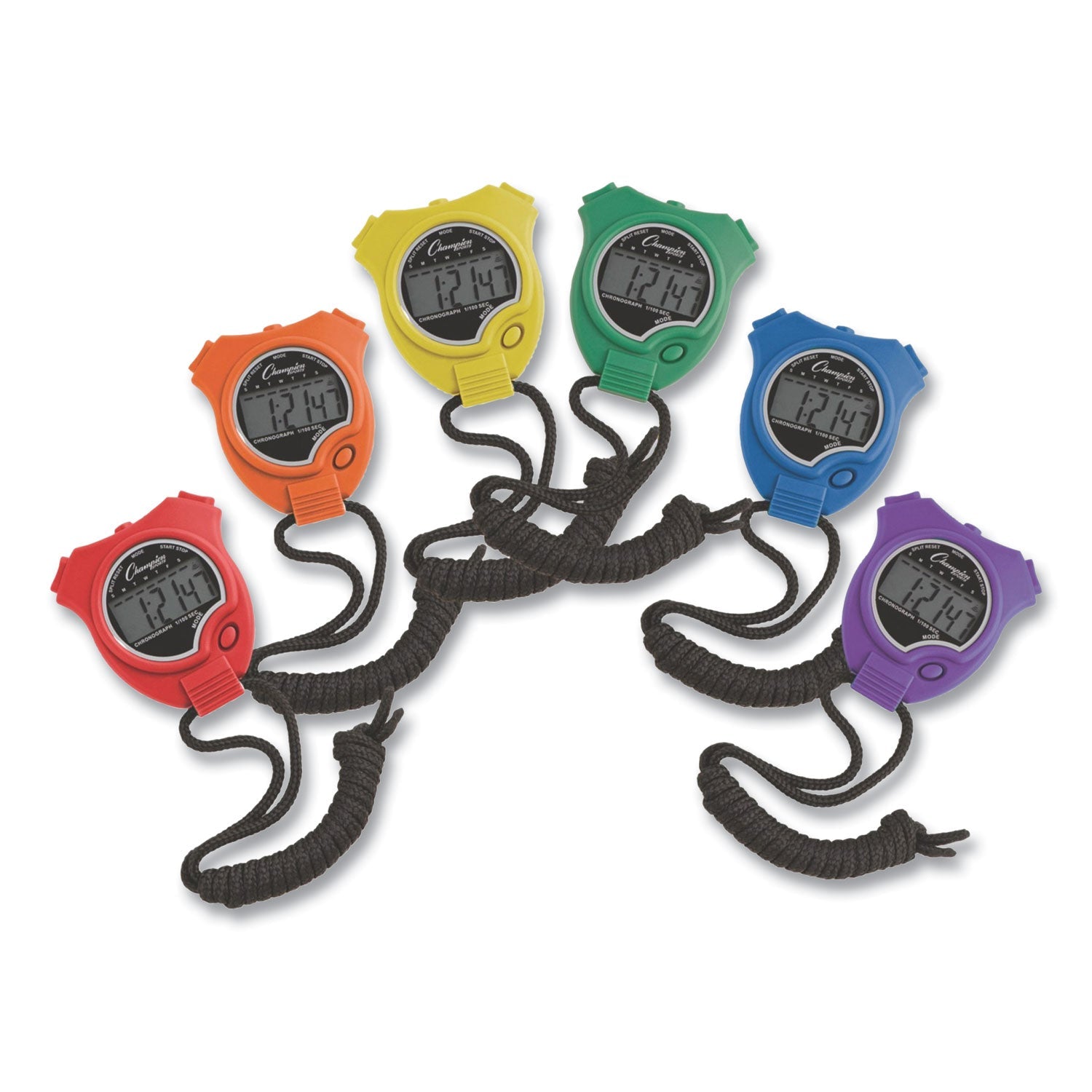 Champion Sports Water-Resistant Stopwatches, Accurate To 1/100 Second, Assorted Colors, 6/box