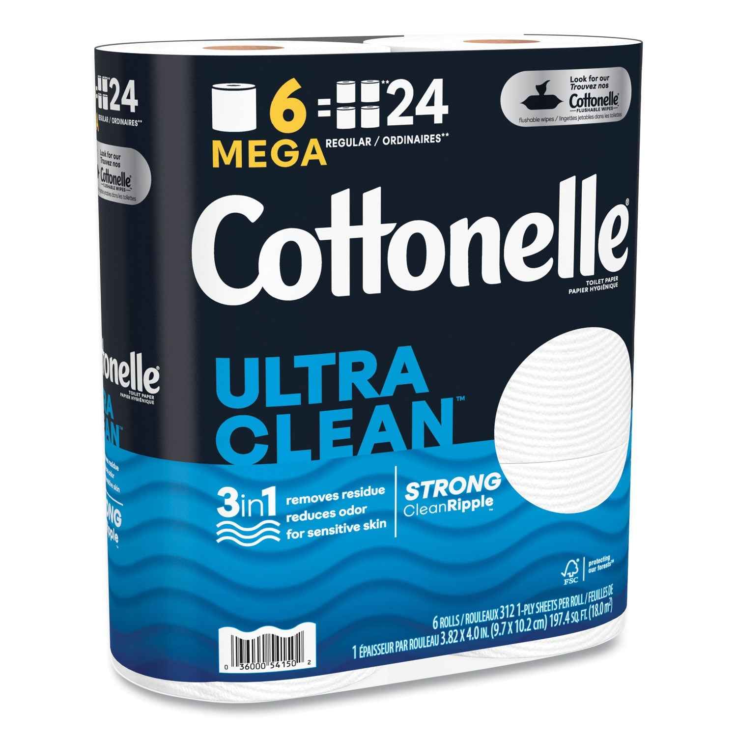 Cottonelle® Ultra CleanCare Toilet Paper, Strong Tissue, Mega Rolls, Septic Safe, 1-Ply, White, 284/Roll, 6 Rolls/Pack, 36 Rolls/Carton