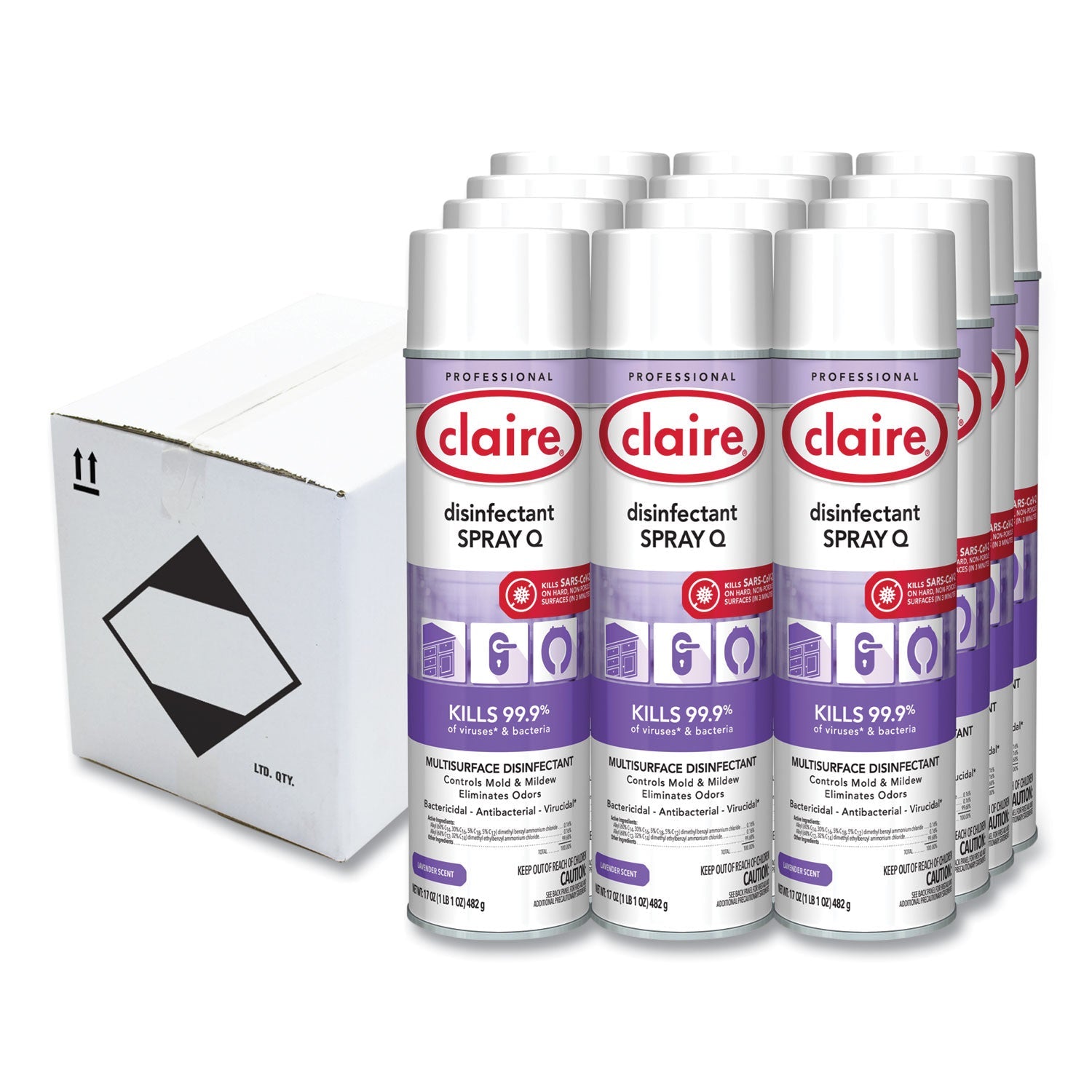 Claire® Spray Q Disinfectant. Lavender Scent, 17 oz Aerosol Spray, Dozen