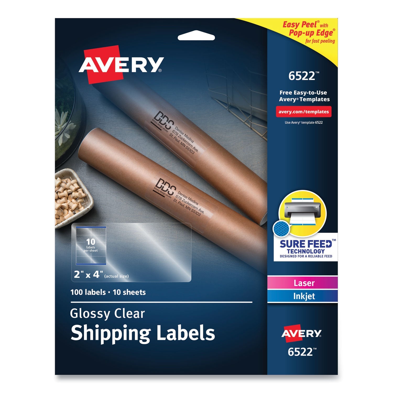 Avery® Glossy Clear Easy Peel Mailing Labels W/ Sure Feed Technology, Inkjet/laser Printers, 2 X 4, Clear, 10/sheet, 10 Sheets/pack