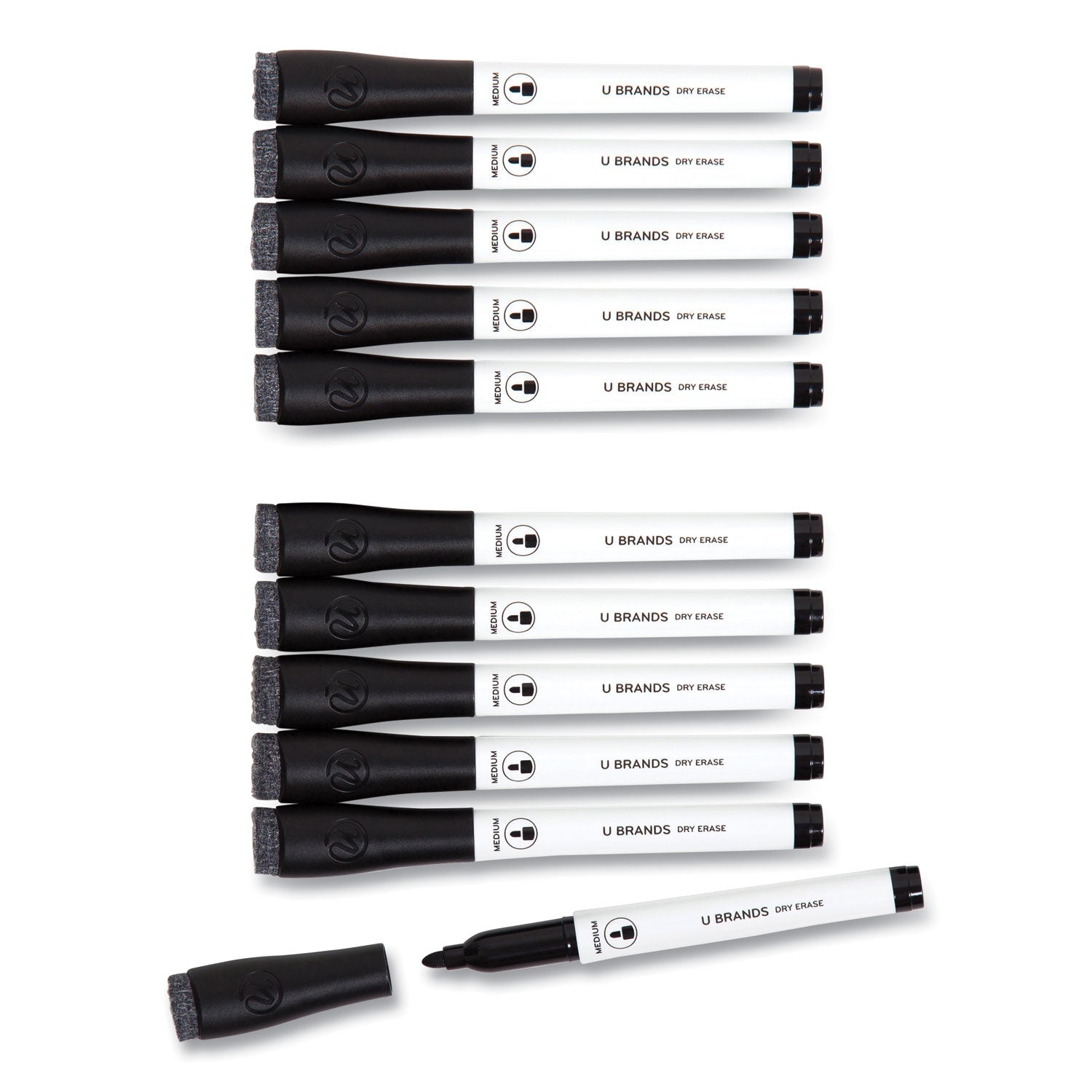 U Brands Medium Point Low-Odor Dry-Erase Markers With Erasers, Medium Bullet Tip, Black, Dozen