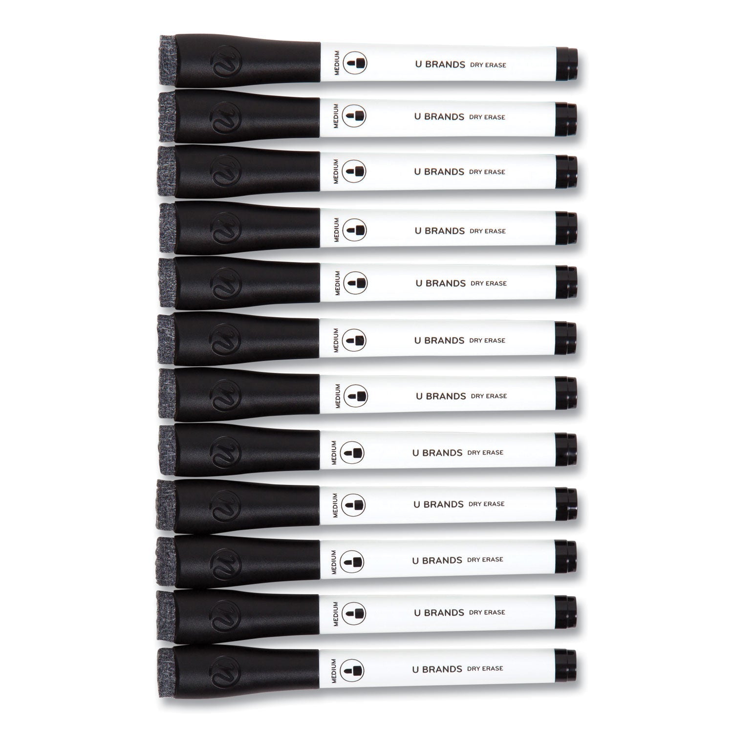 U Brands Medium Point Low-Odor Dry-Erase Markers With Erasers, Medium Bullet Tip, Black, Dozen